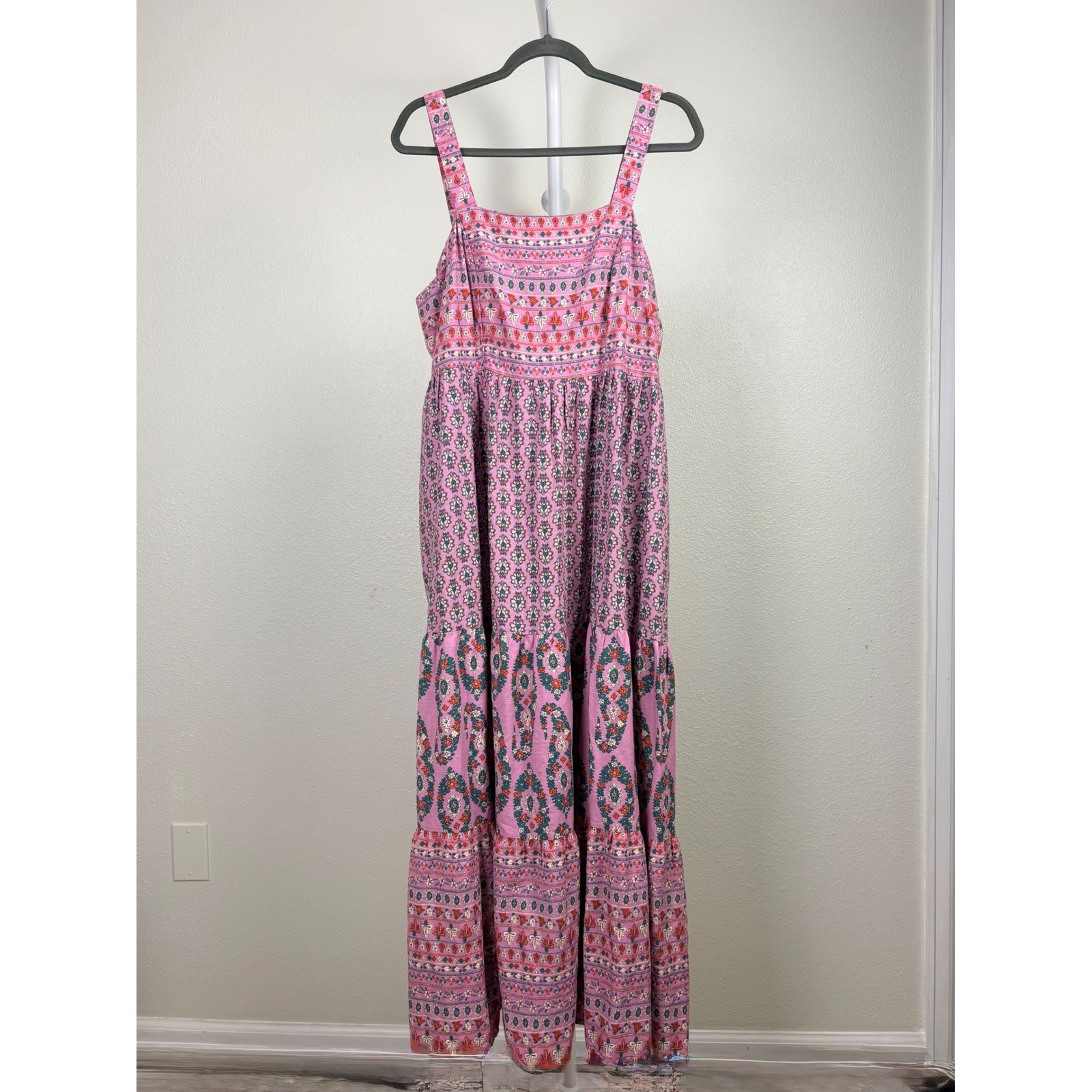 Knox Rose Pink Floral Paisley Large Tiered Maxi Dress Sleeveless Smocked Boho
