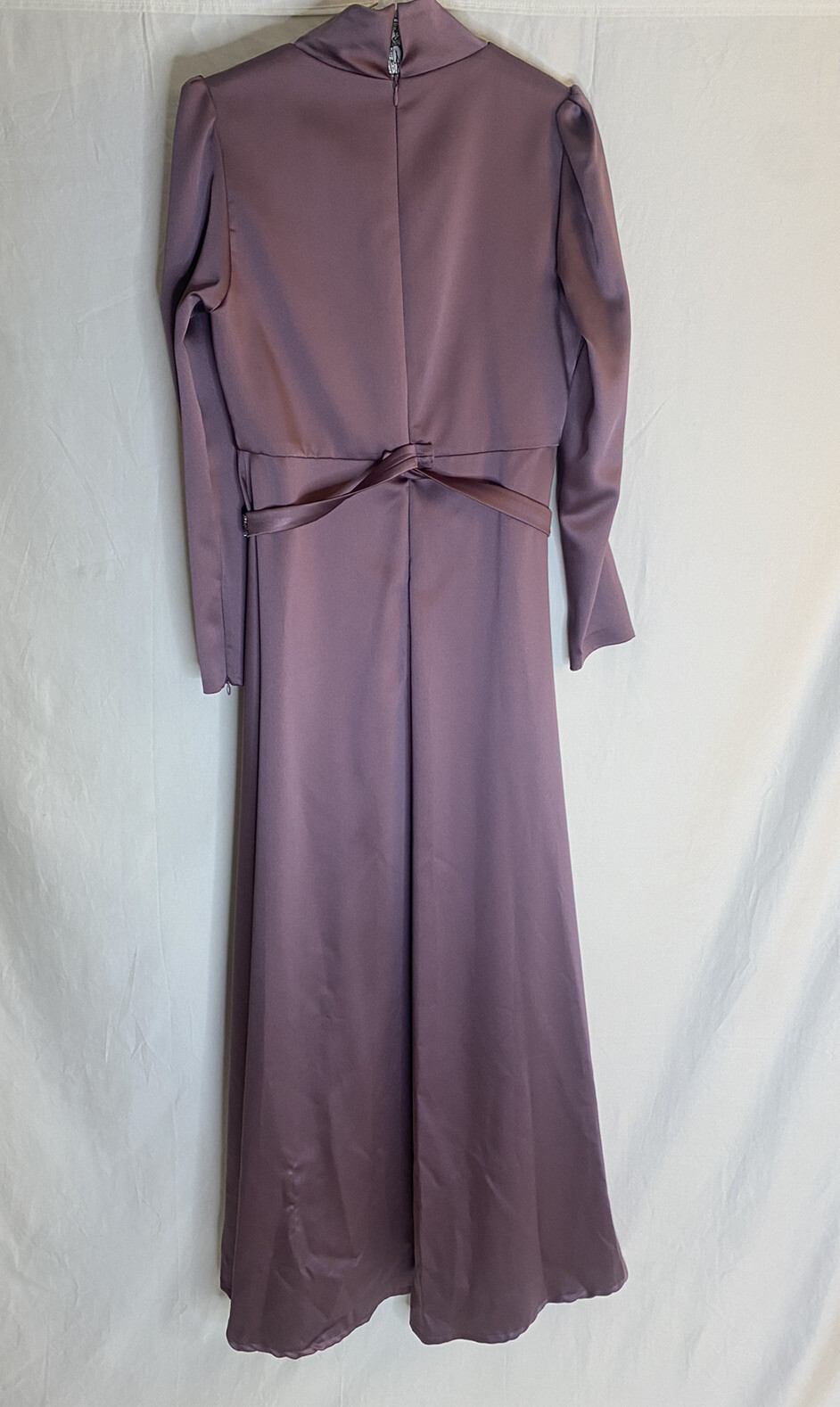 Satin Purple Long Sleeve Evening Gown Beaded