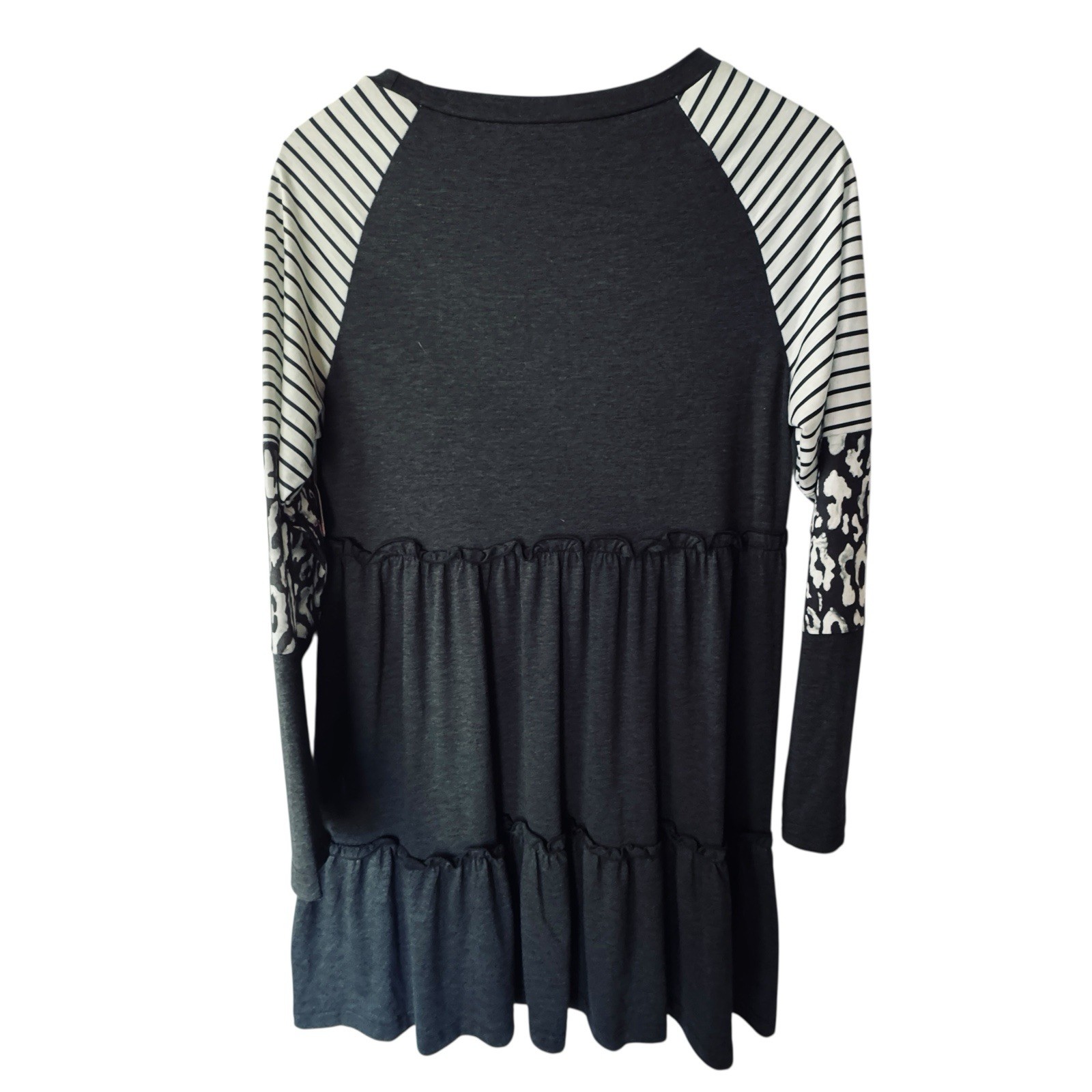 Women’s Small Tiered Babydoll Tunic Top Black Raglan Sleeves Stripe Leopard