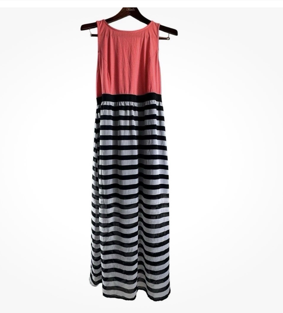 Xhilaration Womens Sz XL Maxi Dress Coral Pink Black Gray Striped Keyhole Back