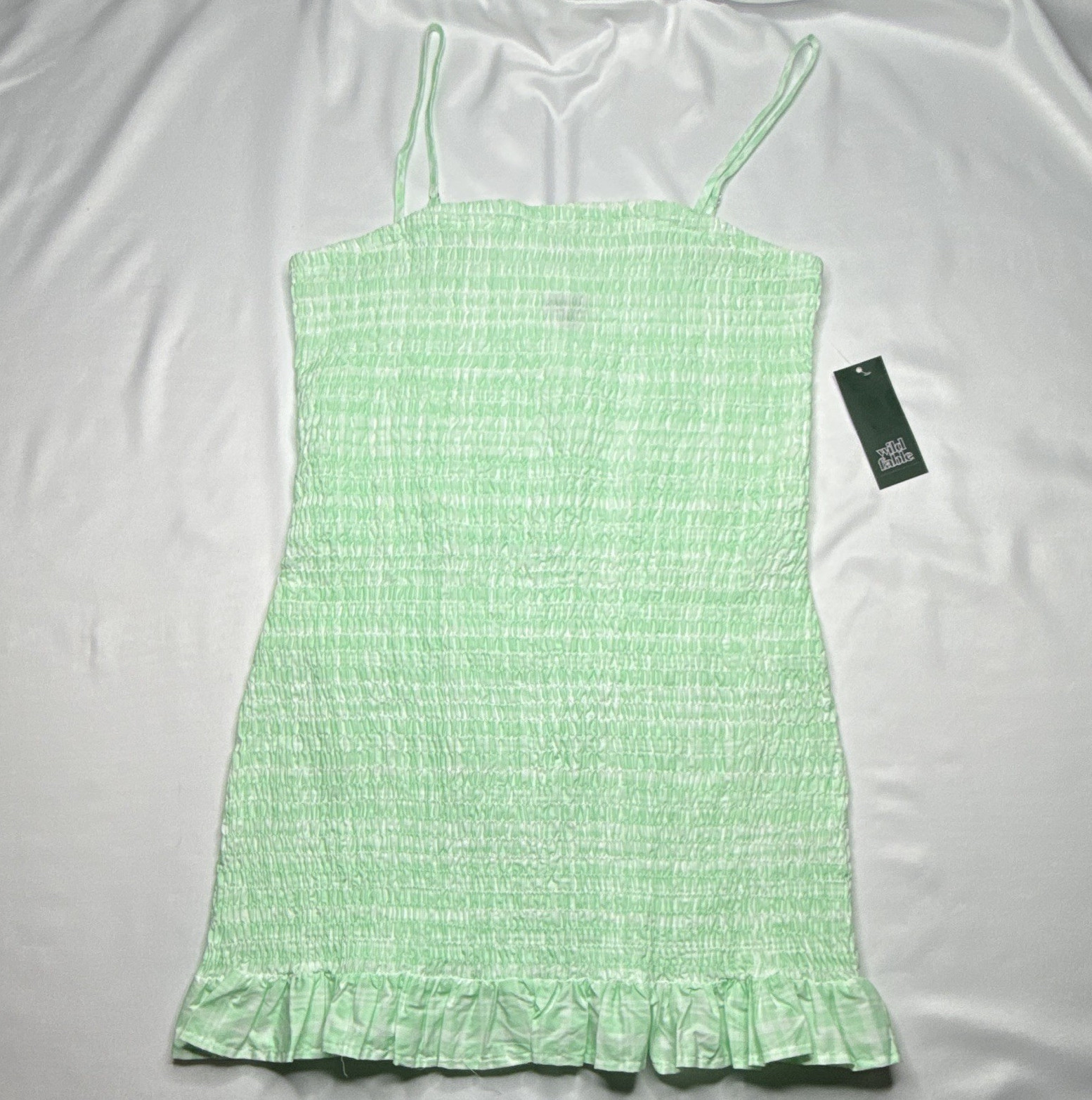 Wild Fable L Green White Gingham Square Neck Smocked Strappy Ruffle Hem Mini