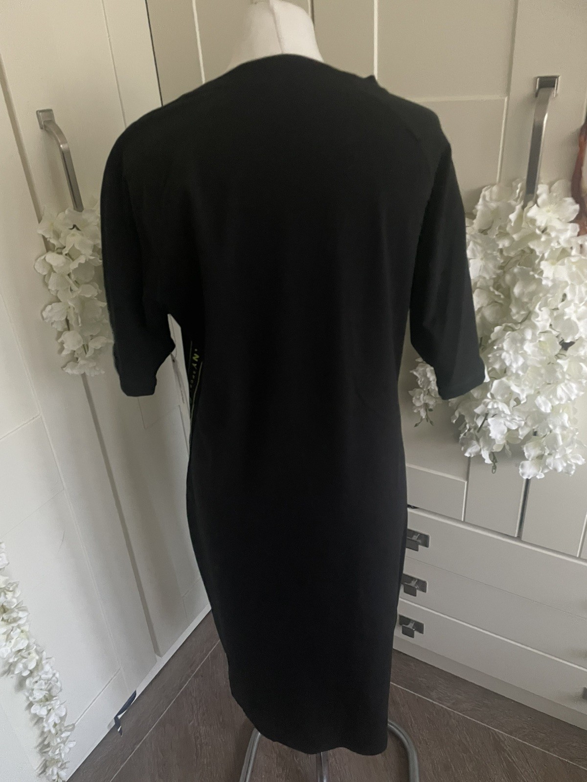 DKNY BNWT Contrast Zest letter tape Dress Elastic Black Body Con size XL 14-16