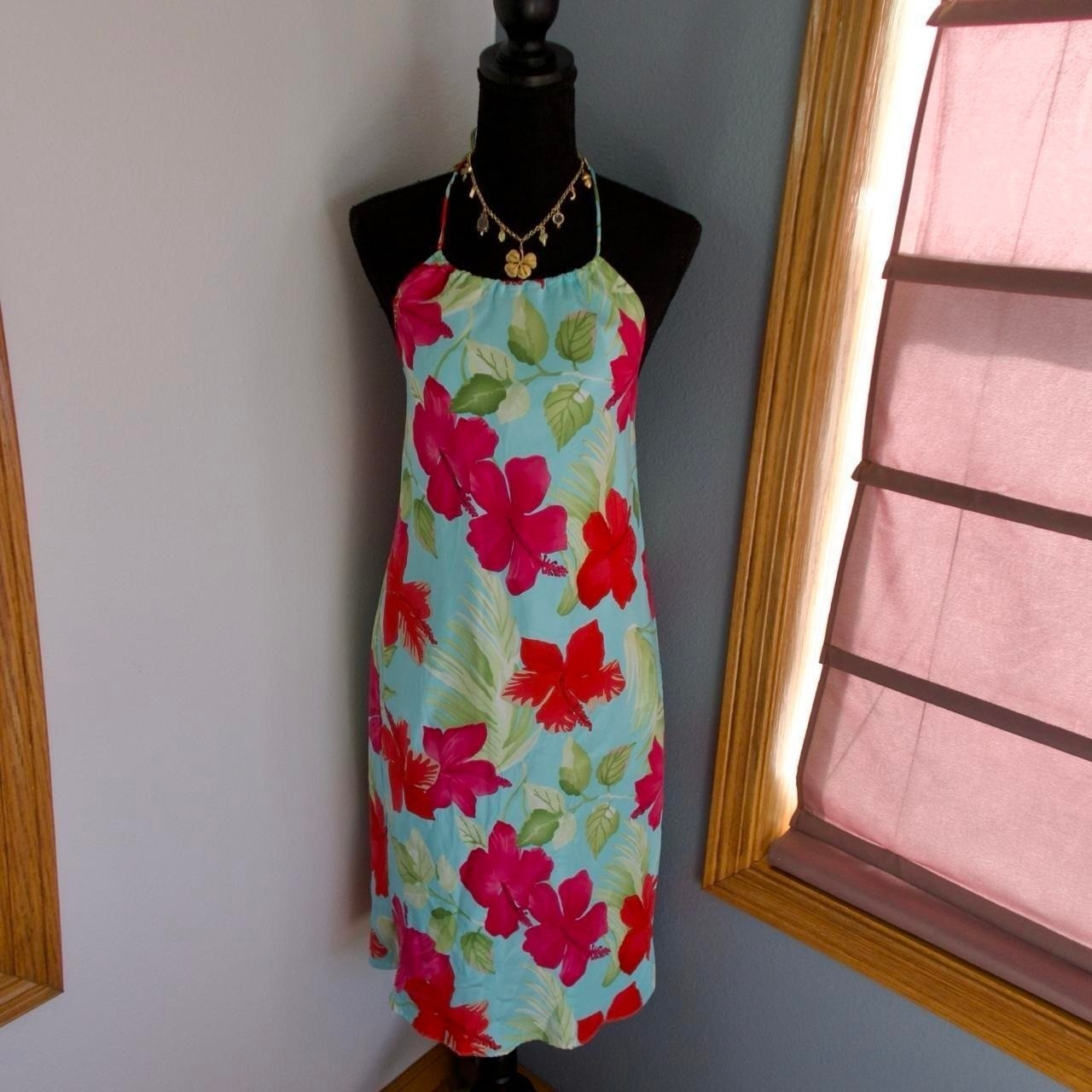 y2k silk hawaiian halter midi dress