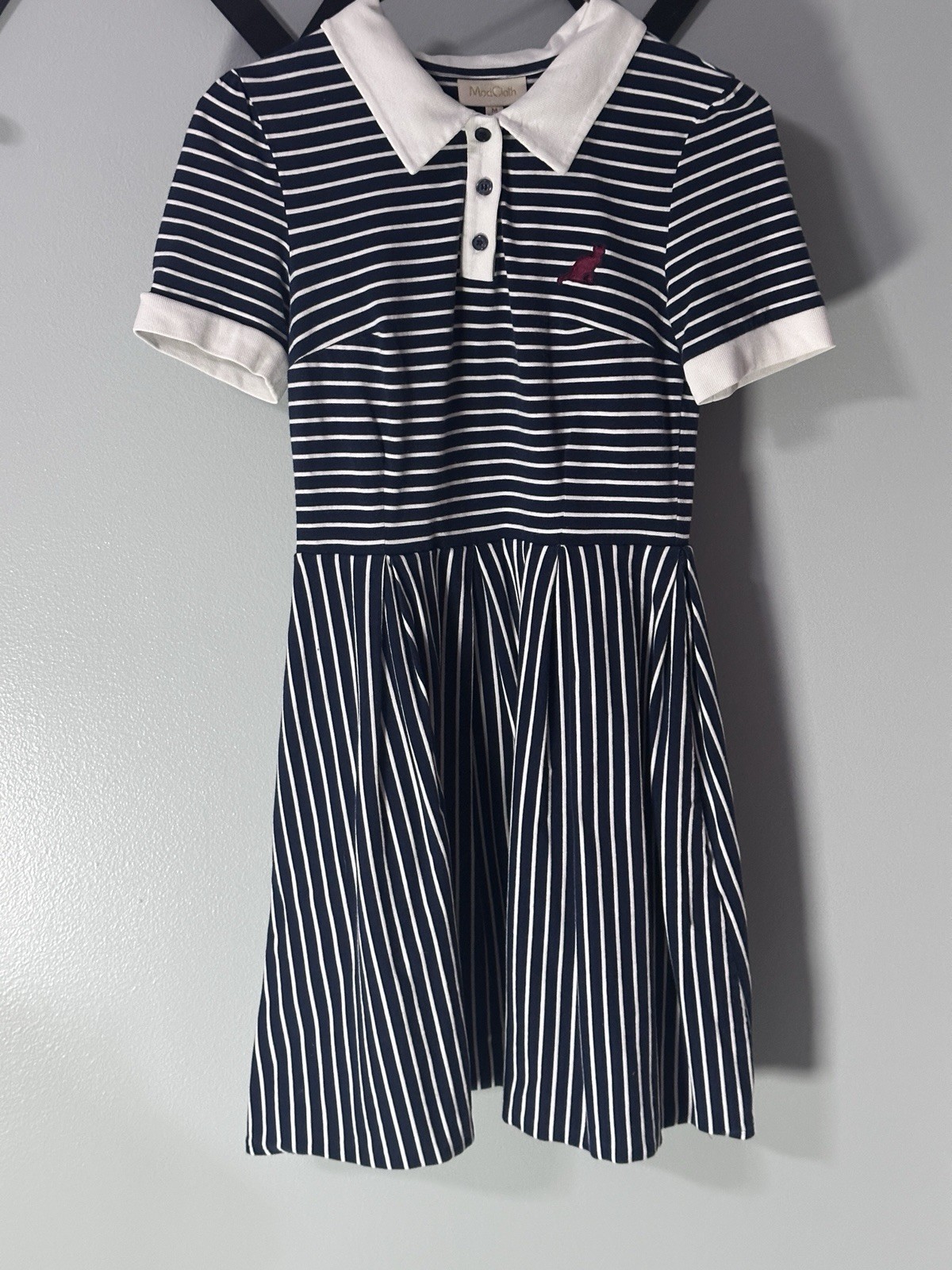ModCloth size M Navy/White Striped Dress Button Collar Cat Logo