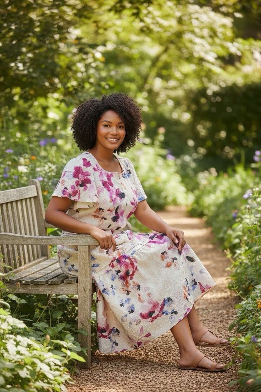 Lane Bryant Ivory Purple Floral V-Neck Textured Tiered Flutter Midi Dress 18/20