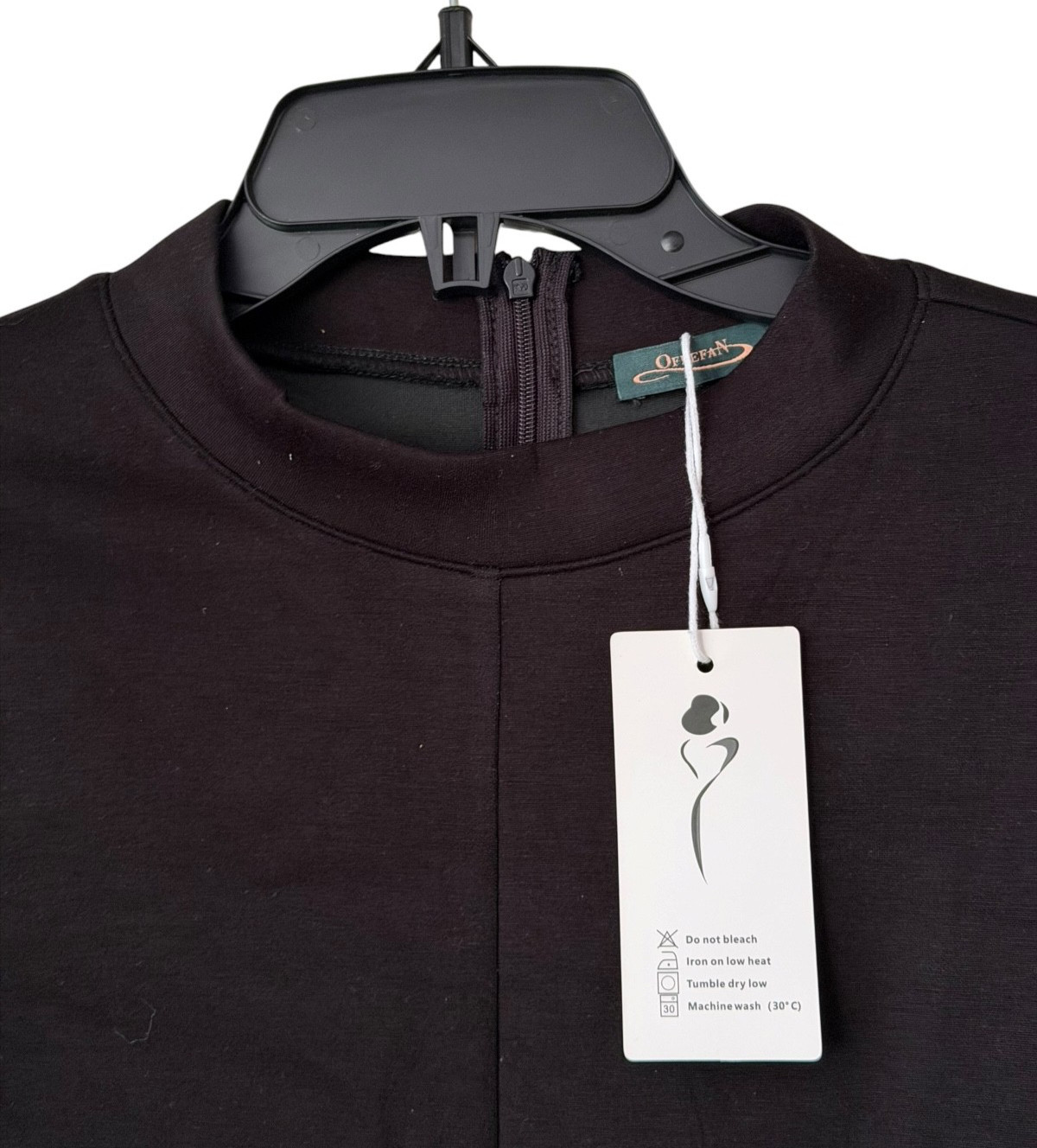 NWT Ofeefan Large Black Mock Neck Dress Long Sleeve Bell Cuff Faux Pockets Tunic