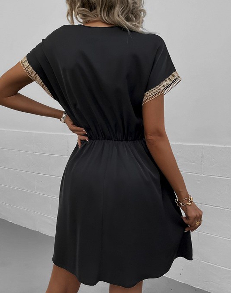 V NECK Summer DRESS WOMEN Short Sleeve Casual Solid Color Ruffle Midi Dresses