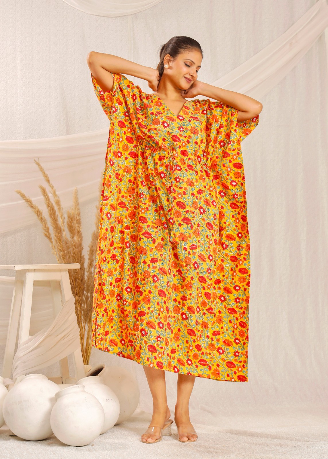 Hand Block Printed Kaftan – Lightweight Resort Wear for Women Cotton Boho Dress