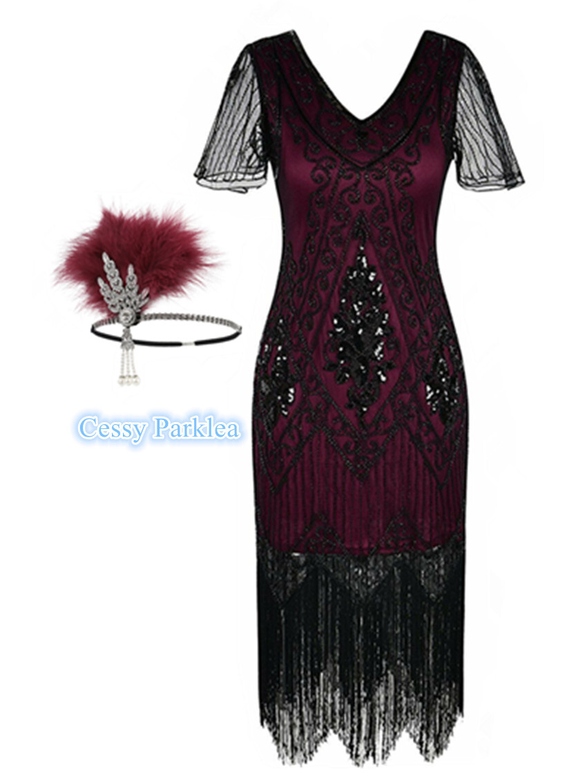 Deluxe Ladies 1920s Roaring 20s Flapper Gatsby Costume Sequins Black Burgundy