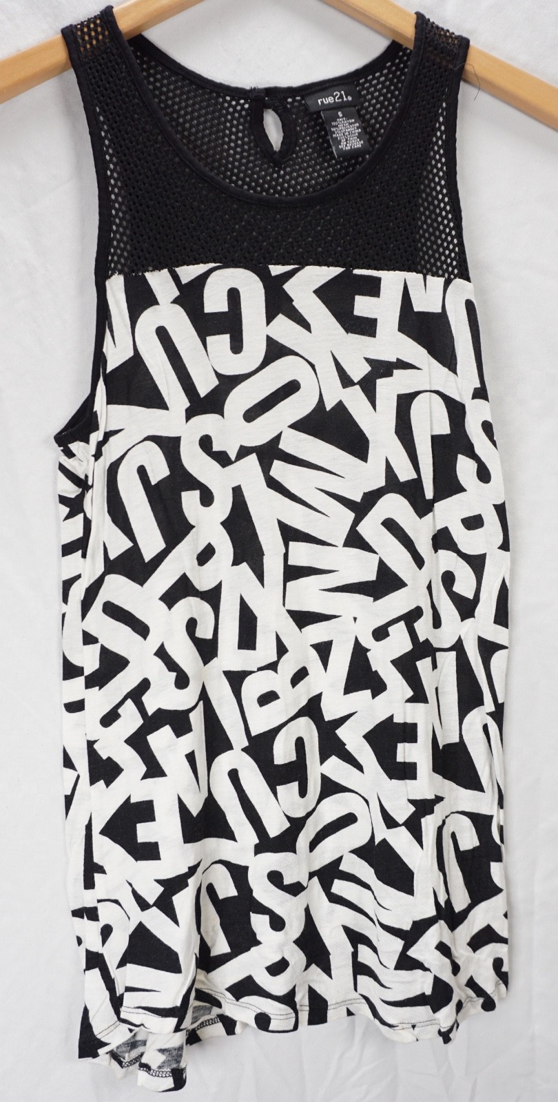 WOMENS RUE 21 TANK TOP MESH DRESS BLACK WHITE LETTERS ALPHABET LADIES SIZE S SM