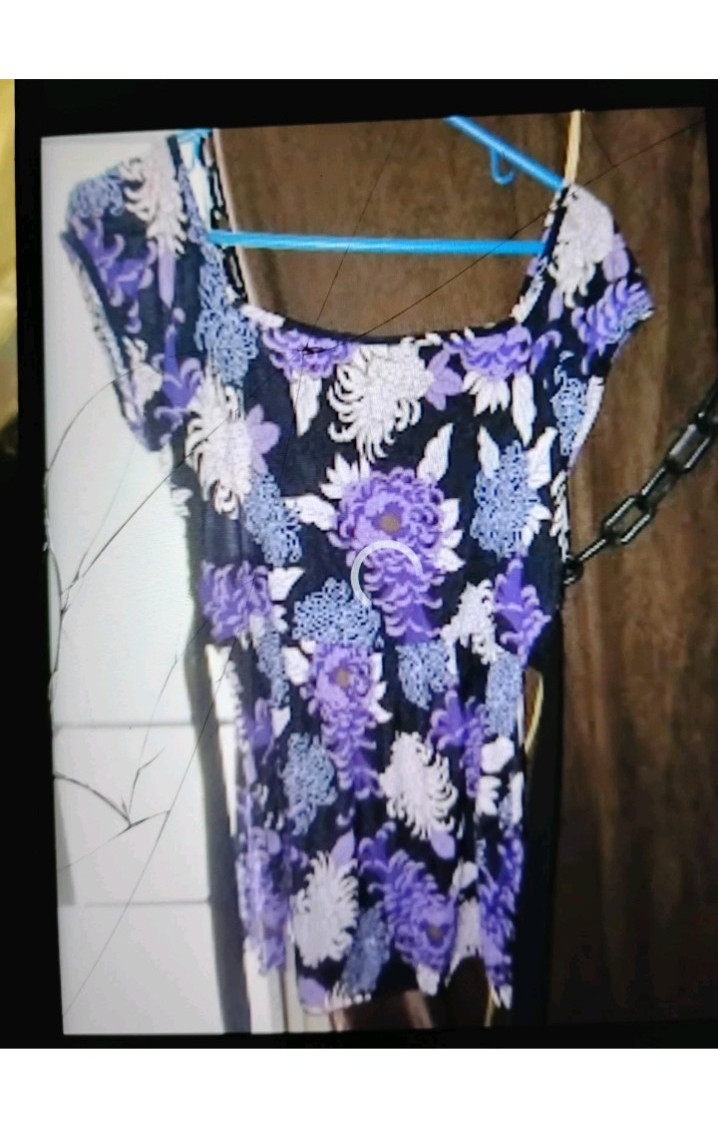 Women’s Purple/Black/White Floral Square Neck Short Sleeve Knee Dress Shift S