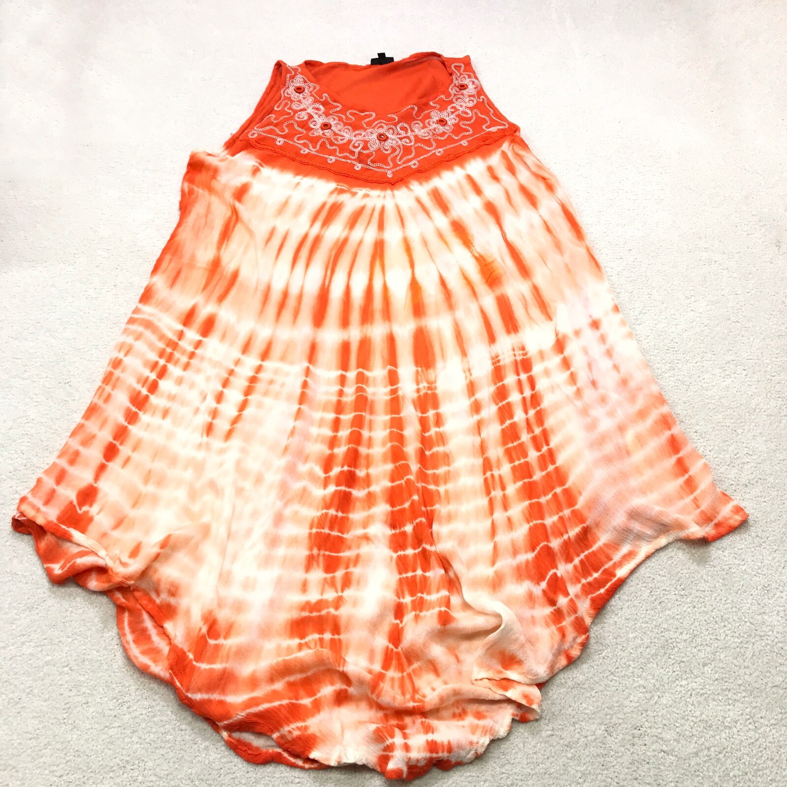 Revue Dress Womens Free Size Orange Tie Dye Shift Boho Embroidered Asymmetric