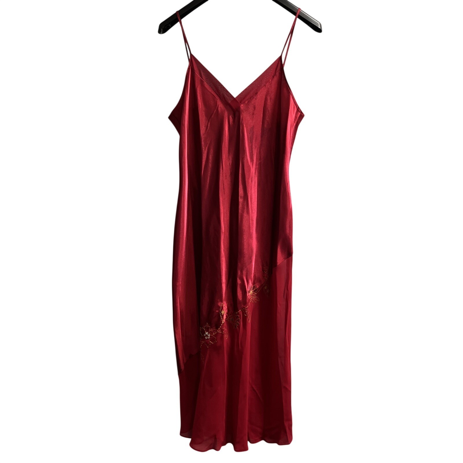 Massini Y2K Slip Dress Womens M Red Satin Flower Embroidered Asymmetrical Fairy