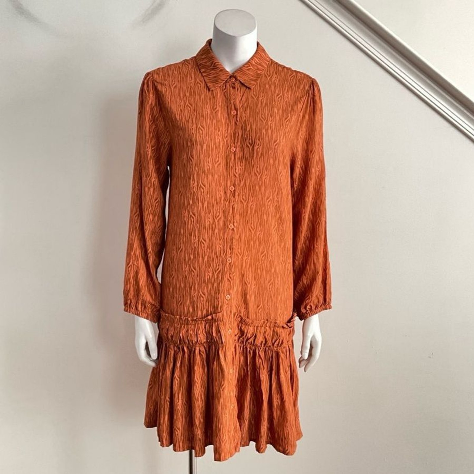 Cotton Poplin Taylor Tillman Harper Long Sleeve Shirt Dress Brown S