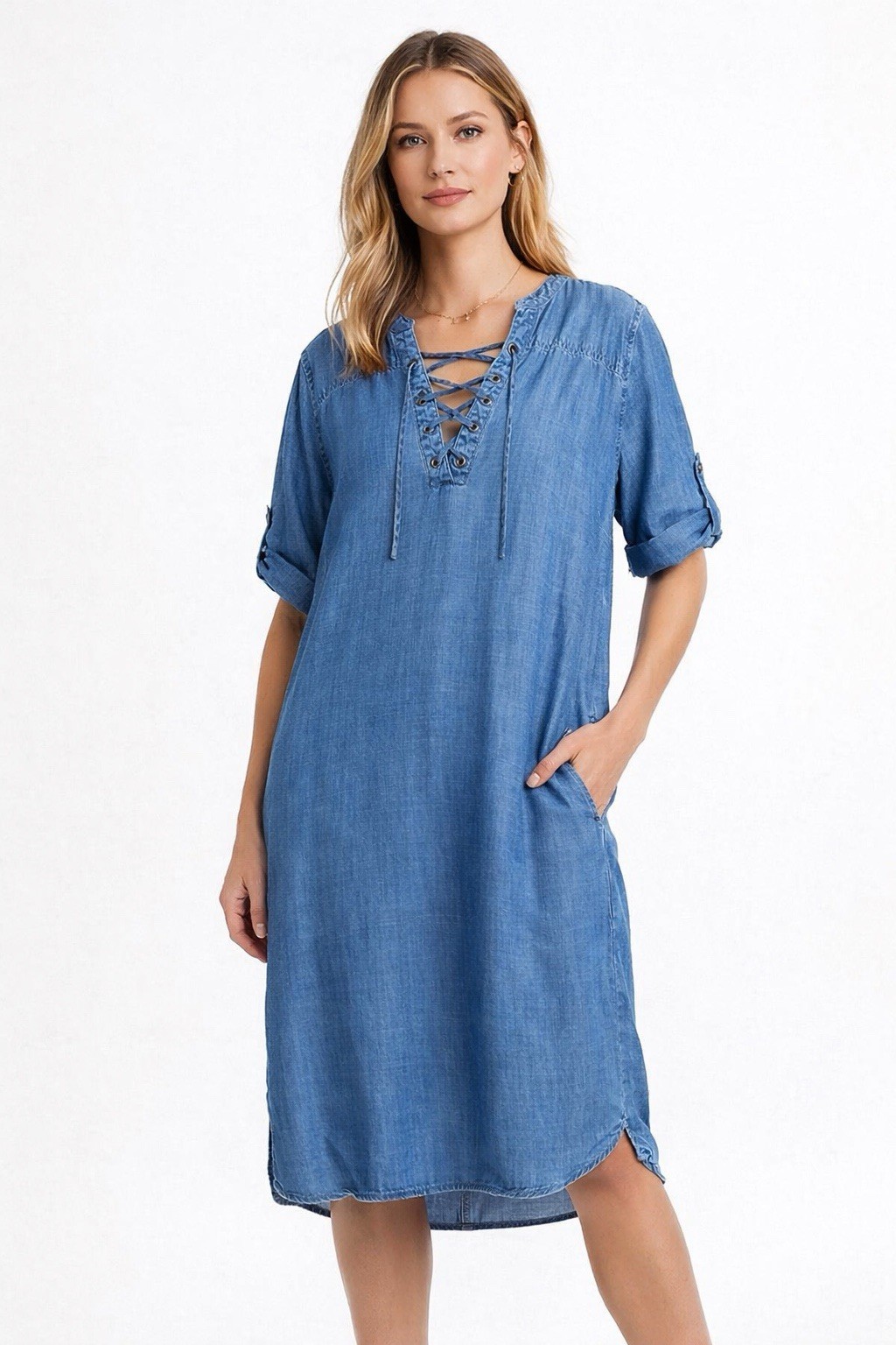 Philosophy Tencel Lyocell Denim Lace-Up Dress XL Chambray Blue Boho Midi