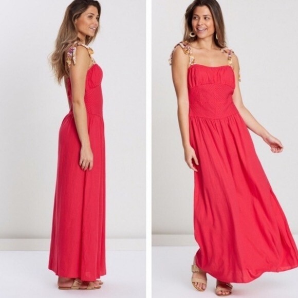 NWT $ 148 Free People Hot Hibiscus Santorini Maxi Dress Strapped Linen Rayon 4.