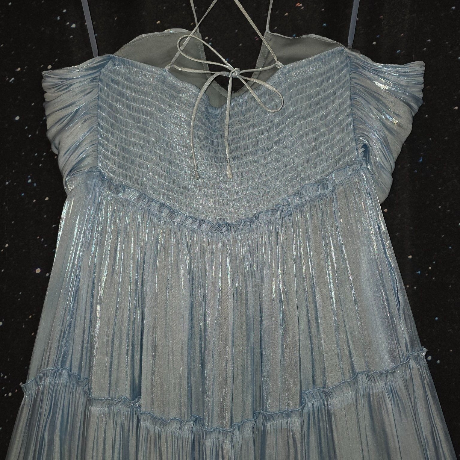 AQUA Dress Sz XL Ice Blue Metallic Ruched Tiered Cami Midi NWT