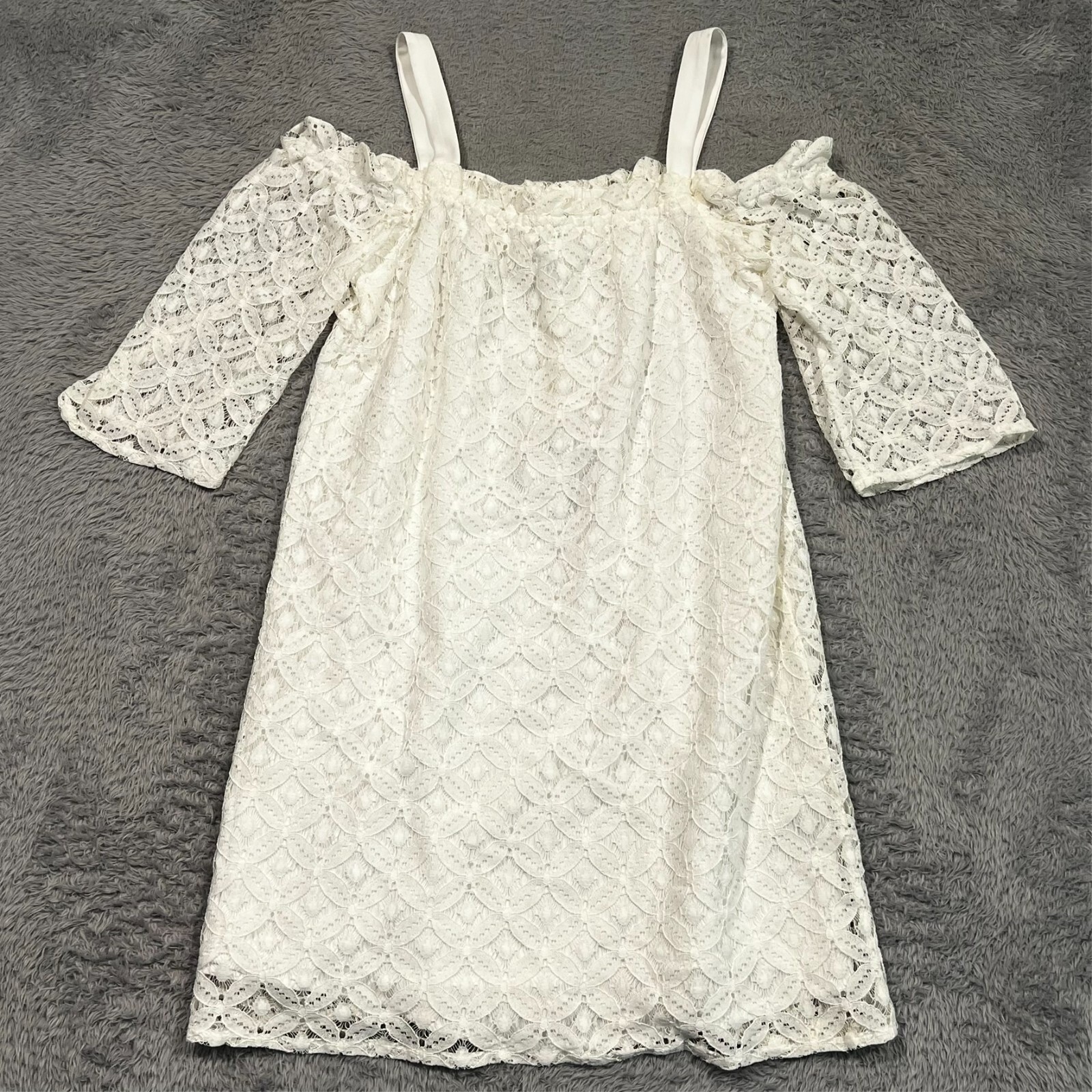 BCBGeneration Lace Cold Shoulder Ruffle Shift Dress Optic White Boho Womens XS