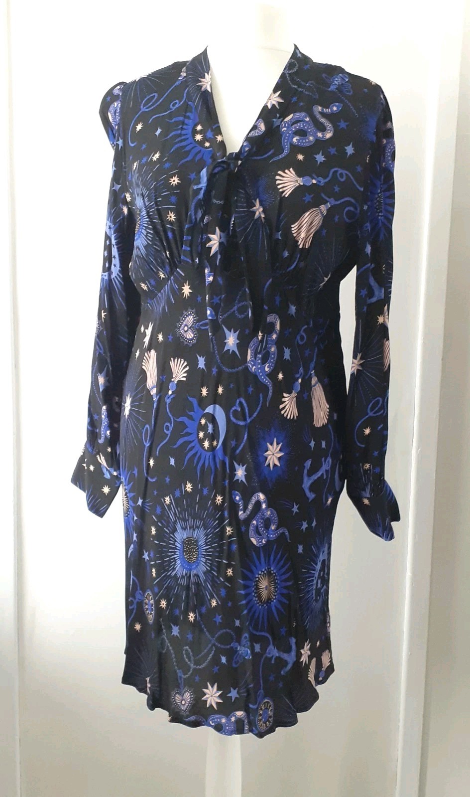 Celestial Dress Long Sleeve Midi Blue Moon Stars Mystical 18 BNWT