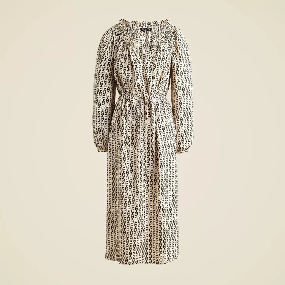 J. Crew Ruffleneck Midi Dress Size Small Vintage Links Print Tie Waist Old Money