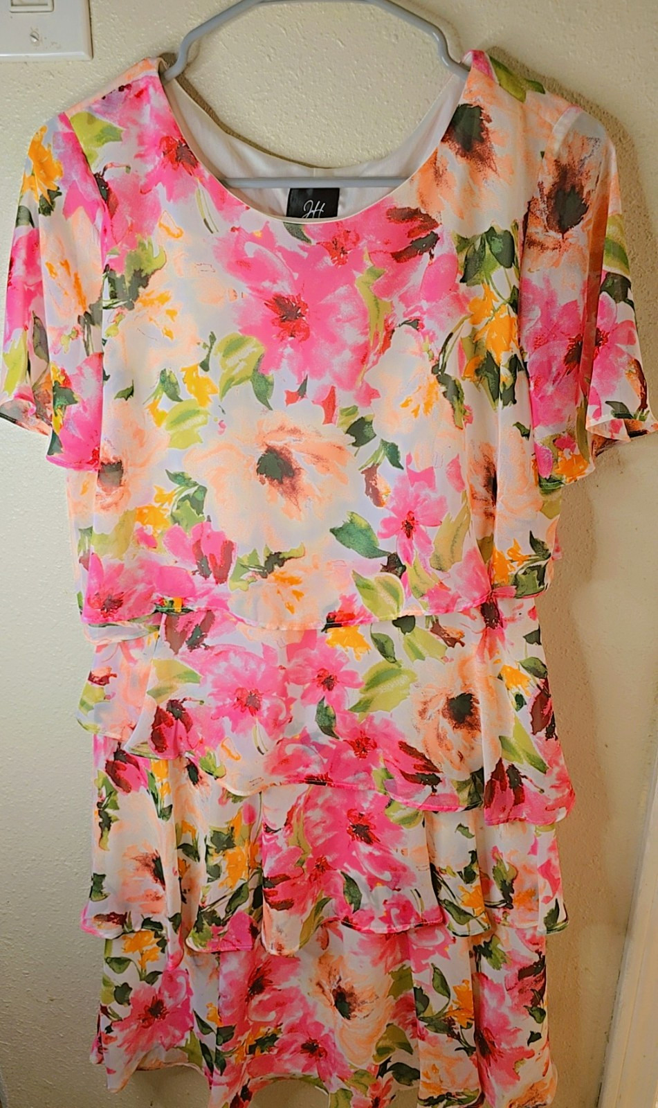 H Women’s Floral A-Line Knee Length Dress Scoop Neck Short Sleeve Ruffle M