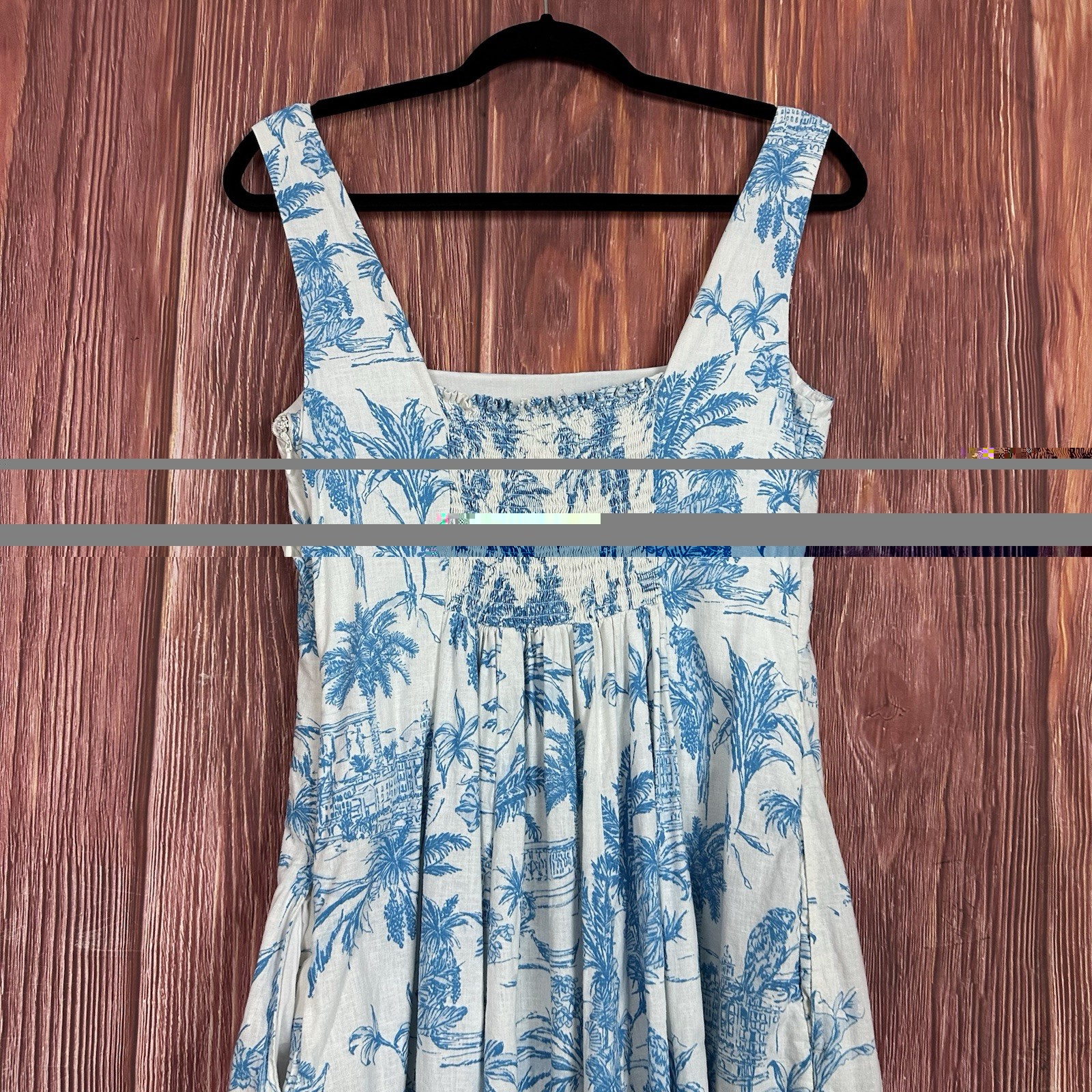 Joie Blue White Palm Tree Print Linen Blend Square Neck Midi Dress US 4 Resort