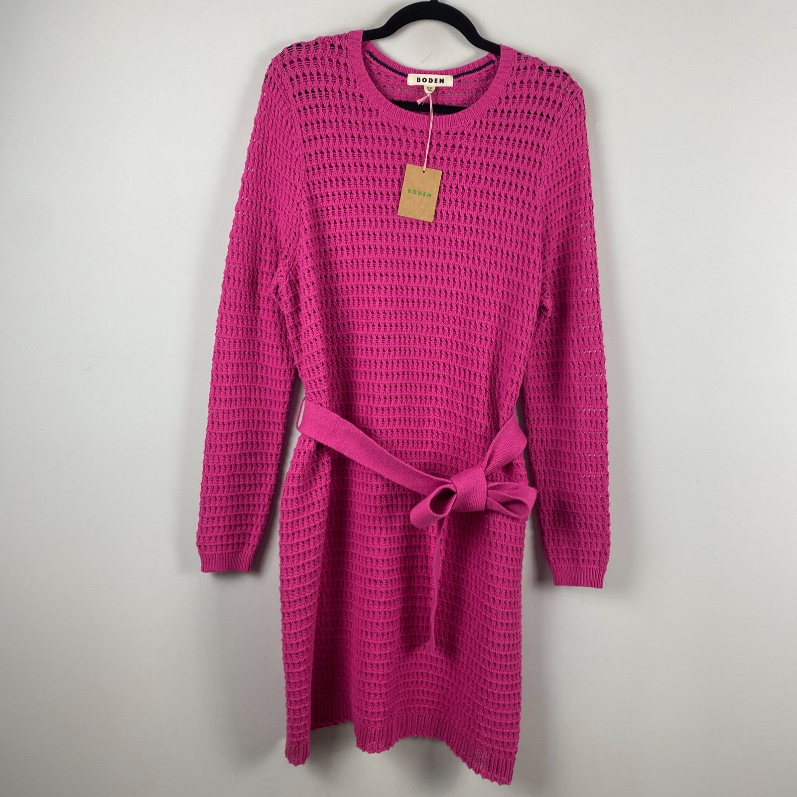 Boden Pink Crochet Knit Long Sleeve Lined Dress US Size 10L 10 Tall Tie Waist