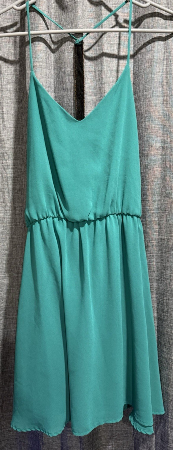 Blue Rain Women’s L Solid Teal Lined Dress Beaded Copper Back Strap Sleeveless