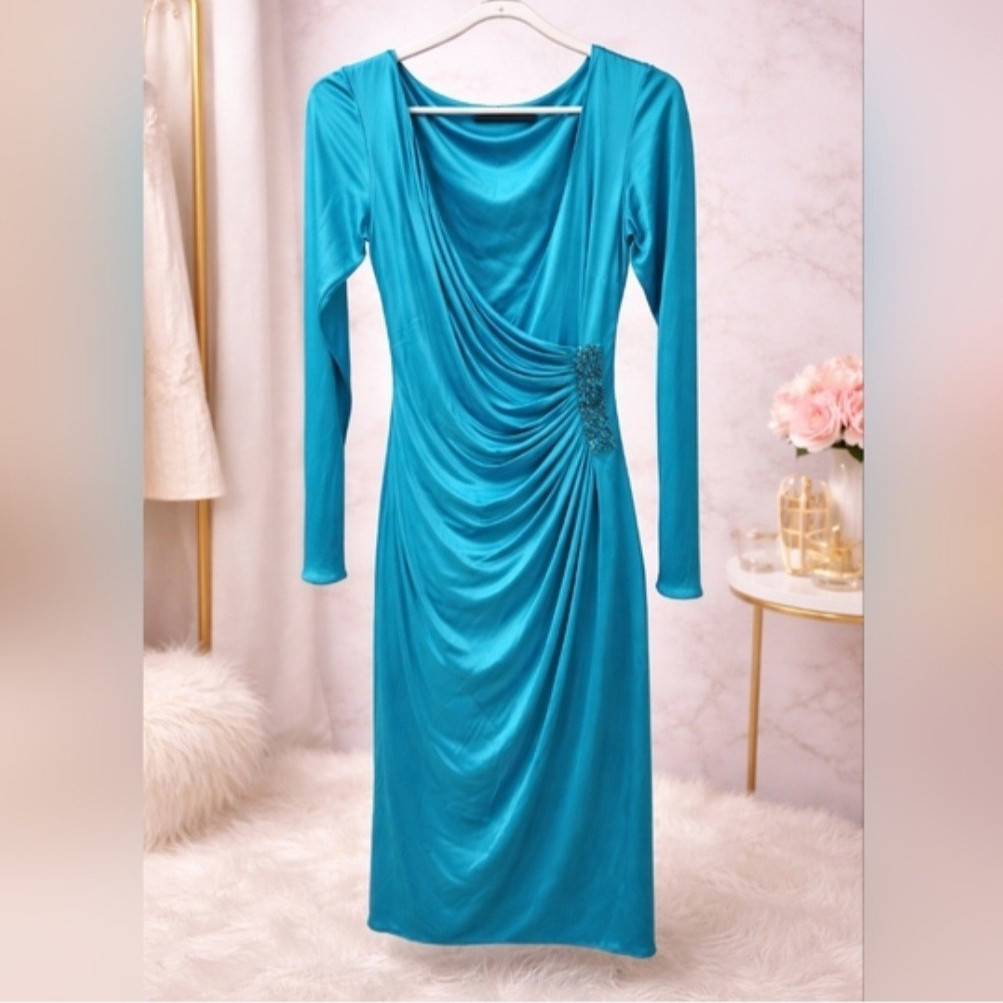 Versace Blue Silk Satin Draped Ruched Beaded Cowl Neck Dress Long small