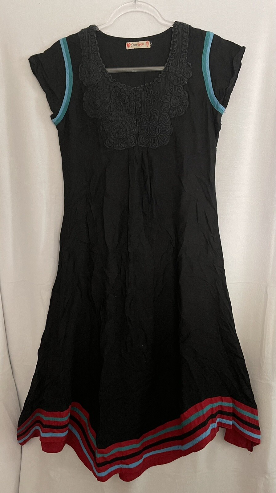 Just Look Dress Womens L Embroidered Trim Handkerchief Hem Lightweight Fabric