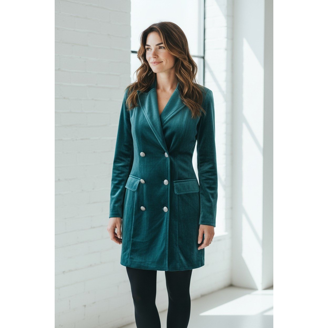 City Vibe Blazer Dress Womens Teal Velvet Double Breasted Mini XS