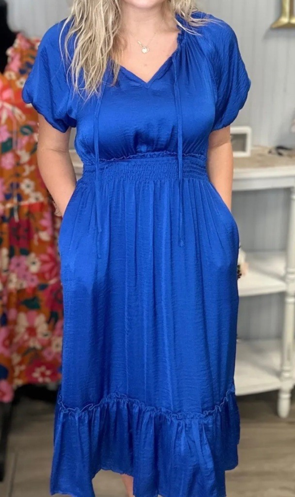 Umgee Royal Blue Midi Dress with Smocked Waist And Pockets Women’s M NWT
