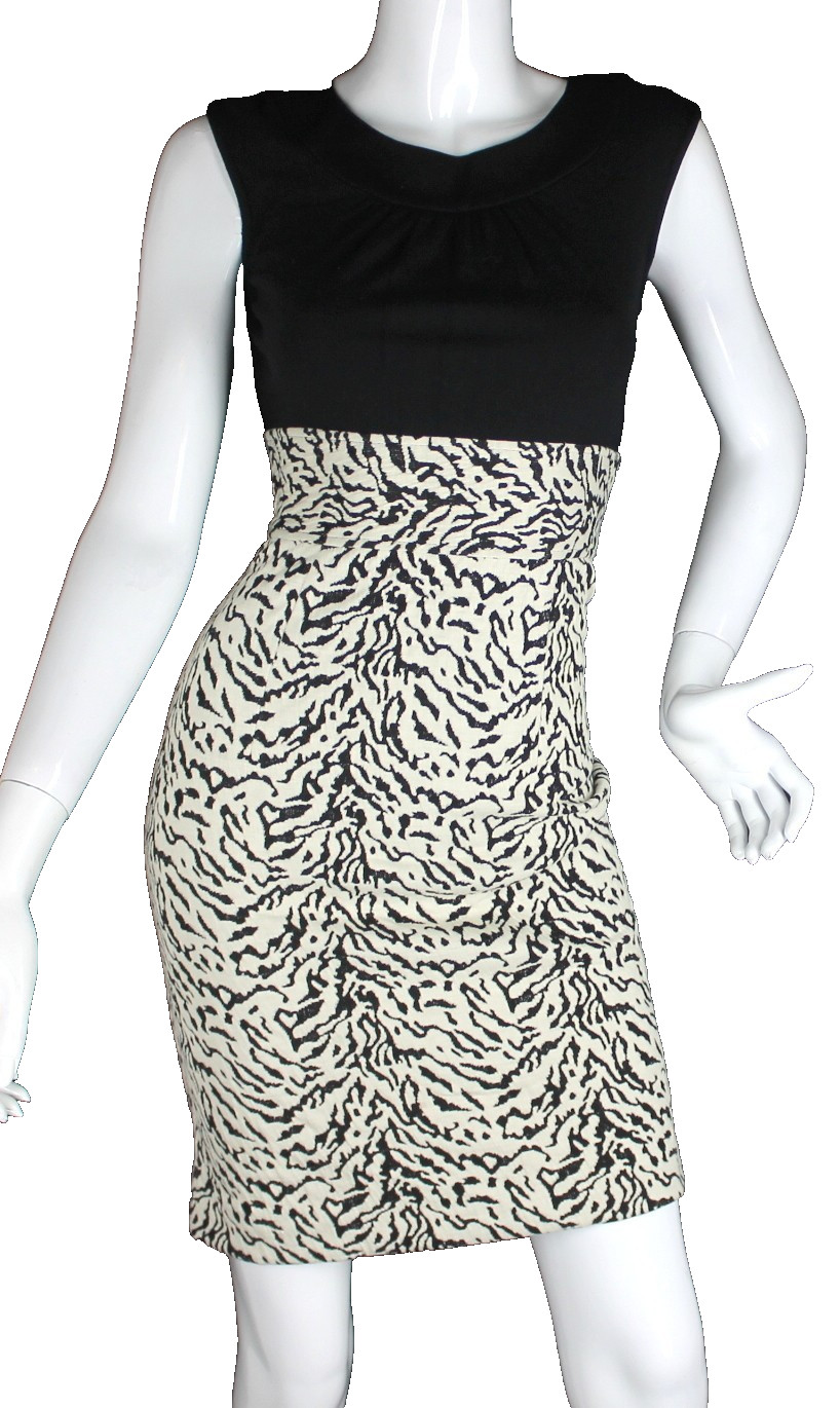 {Calvin Klein} Dress Sz. 2 Black/Creme Animal Print High Waisted Pleated Top