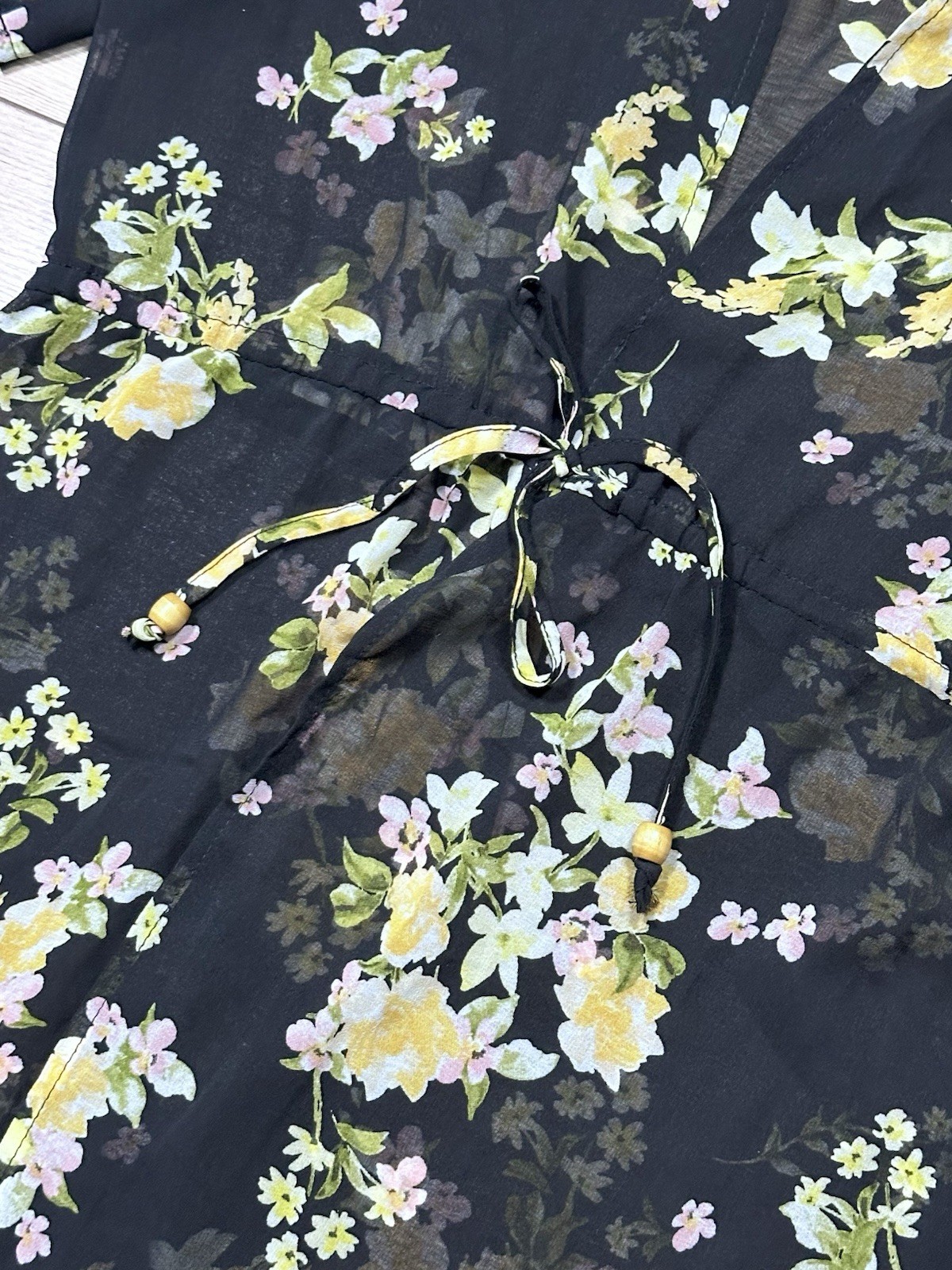 NWT 3rd + Malt Sheer Floral Duster Midi Dress Women’s M Black Tie Waist Boho