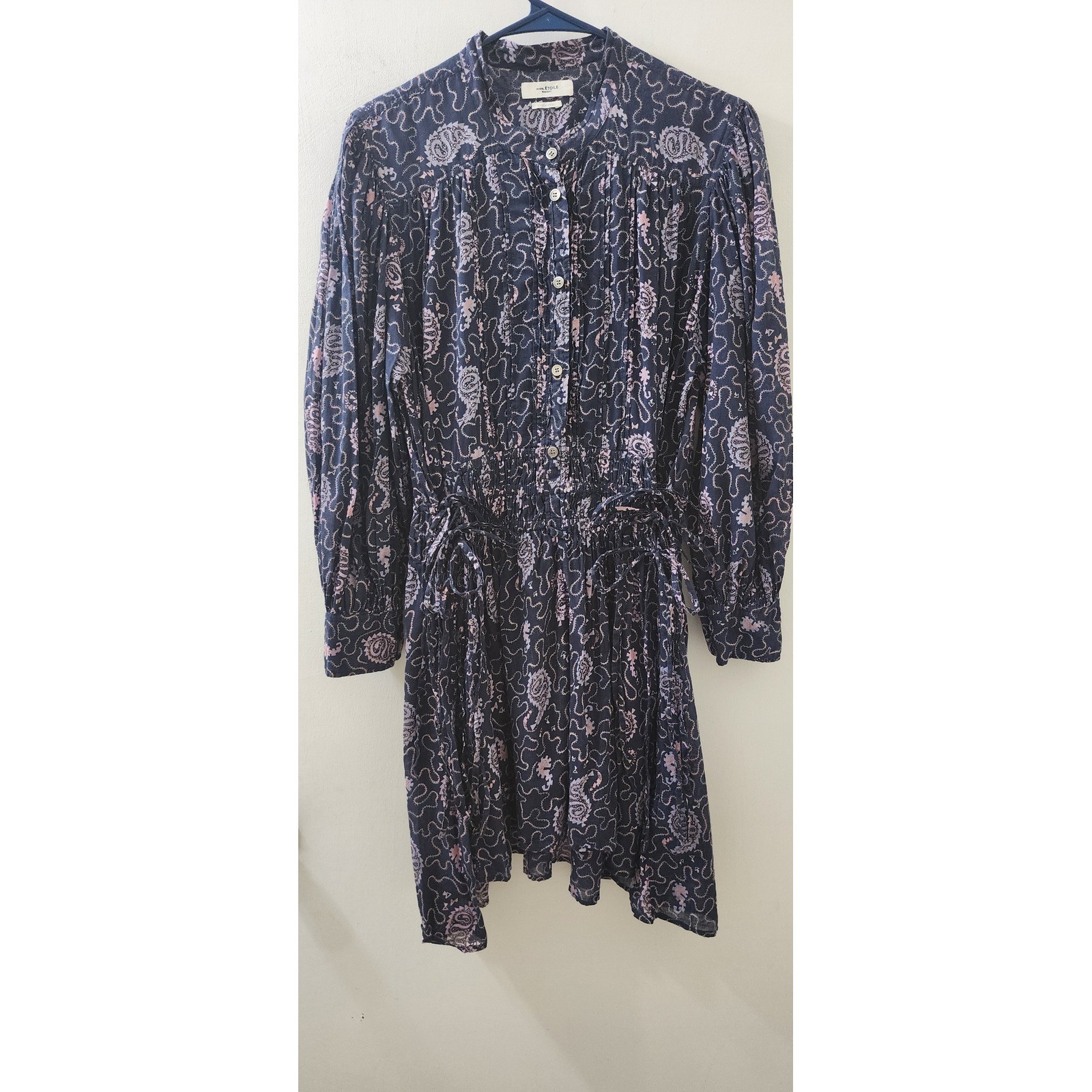 Isabel Marant Etoile Anaco Paisley Cotton Smocked Mini Dress Navy Pink Size 34