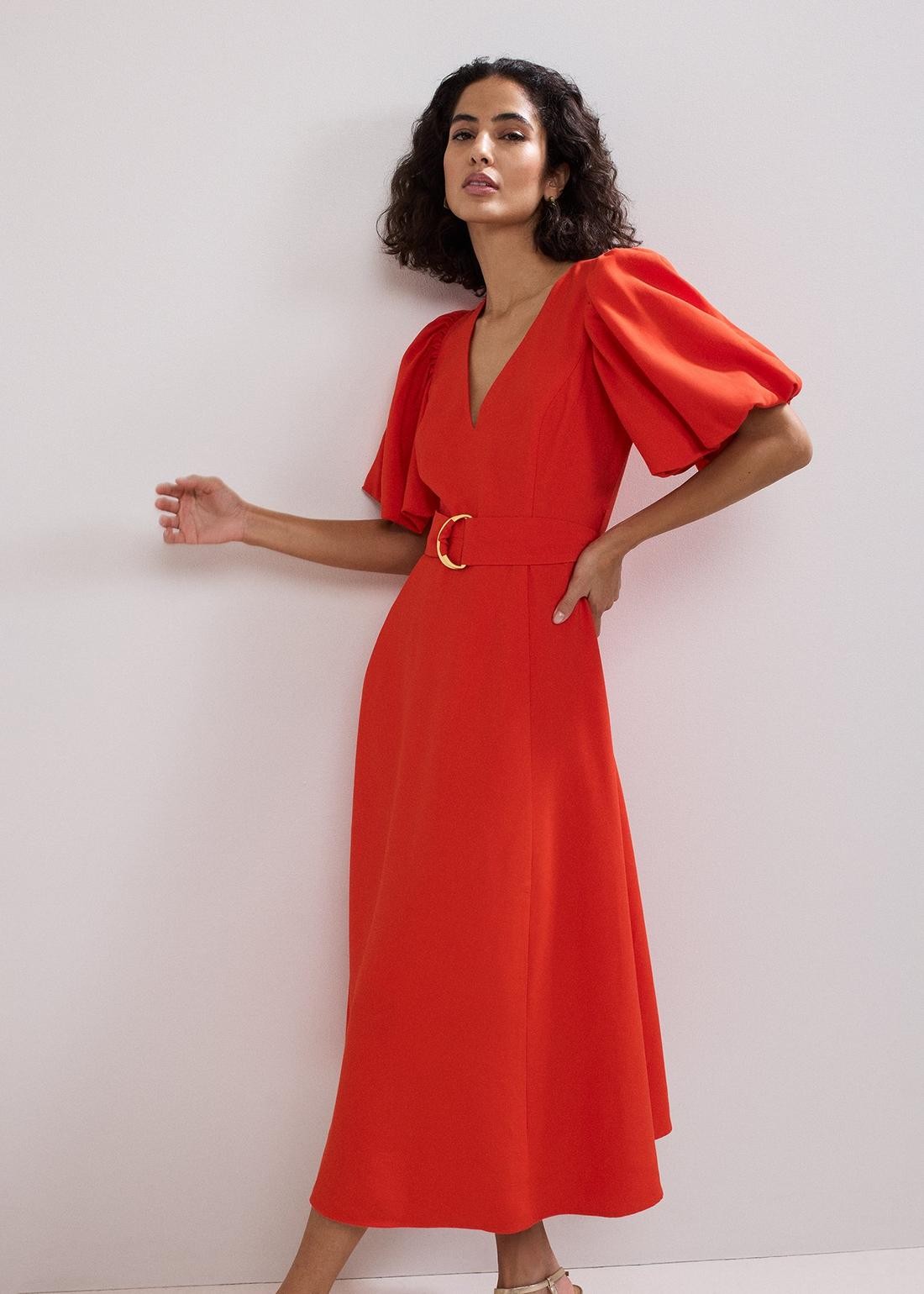 Phase Eight Zarah Dress Womens 4 Red Puff Sleeve Belt V Neck Maxi Party Wedding