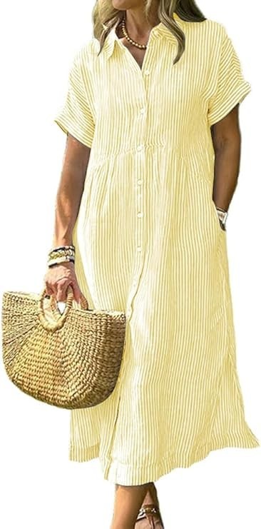Chouyatou Women’s Summer Yellow Striped Midi Long Shirt Dress Casual Size XL
