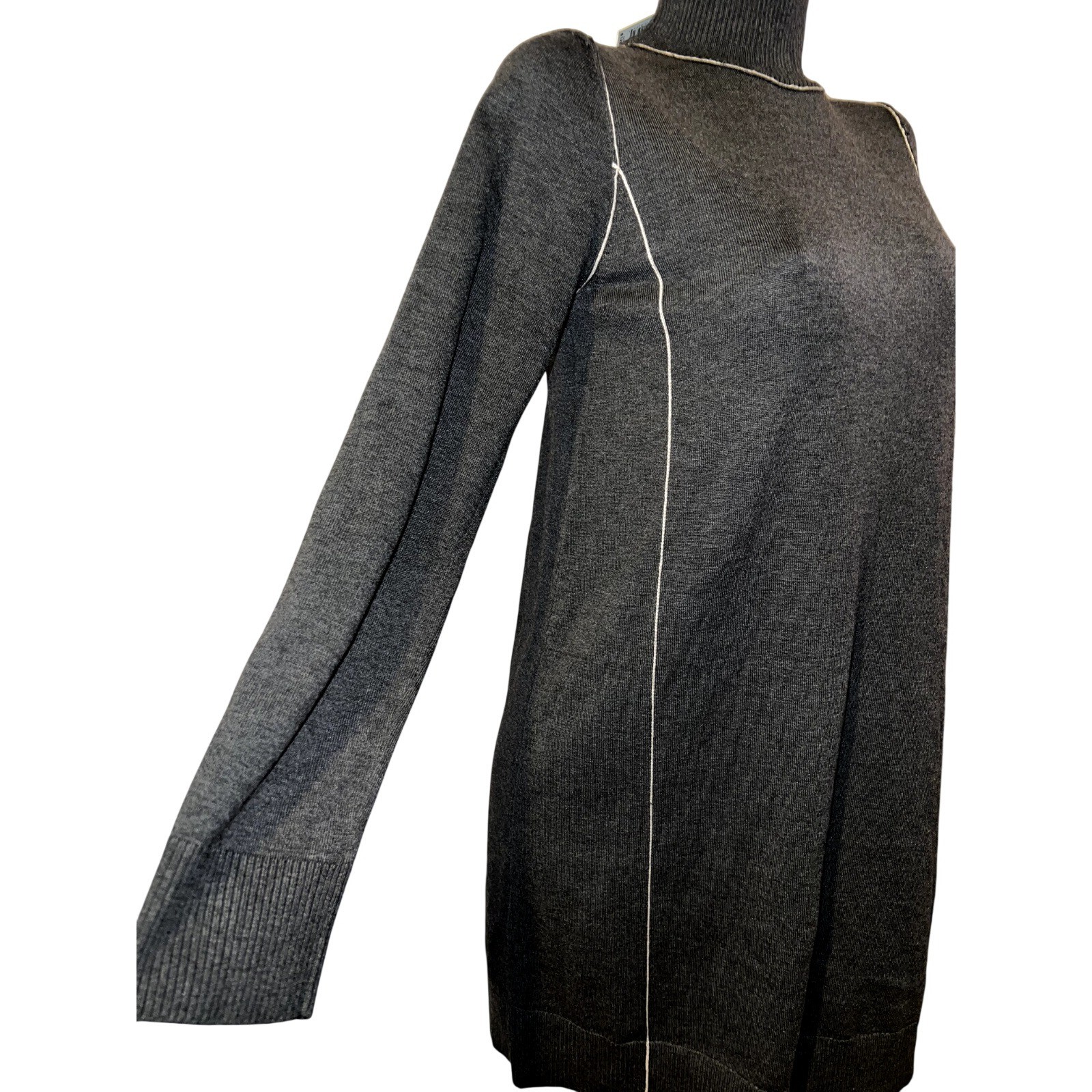 Max Studio Women Heather Charcoal Grey Turtleneck Sweater Dress Ivory Piping M