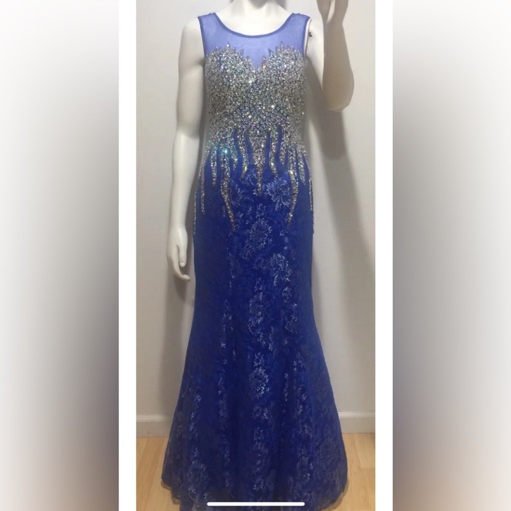 Blue Rhinestone Prom Dress Womens 8 Mermaid Formal Maxi Evening Gown Pageant