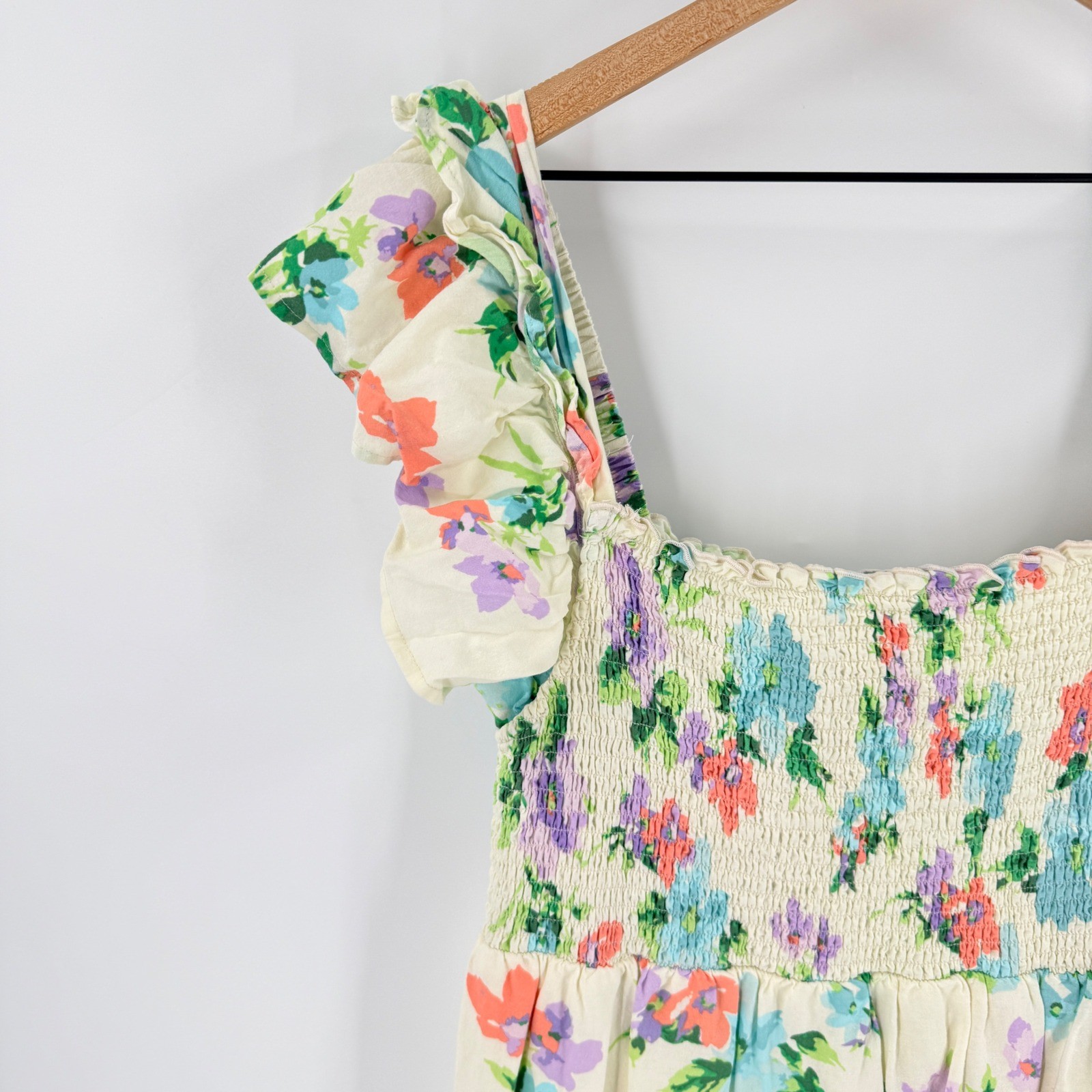 Blueberi Boulevard Floral Smocked Midi Dress Cream XXL Cottagecore Boho Ruffle