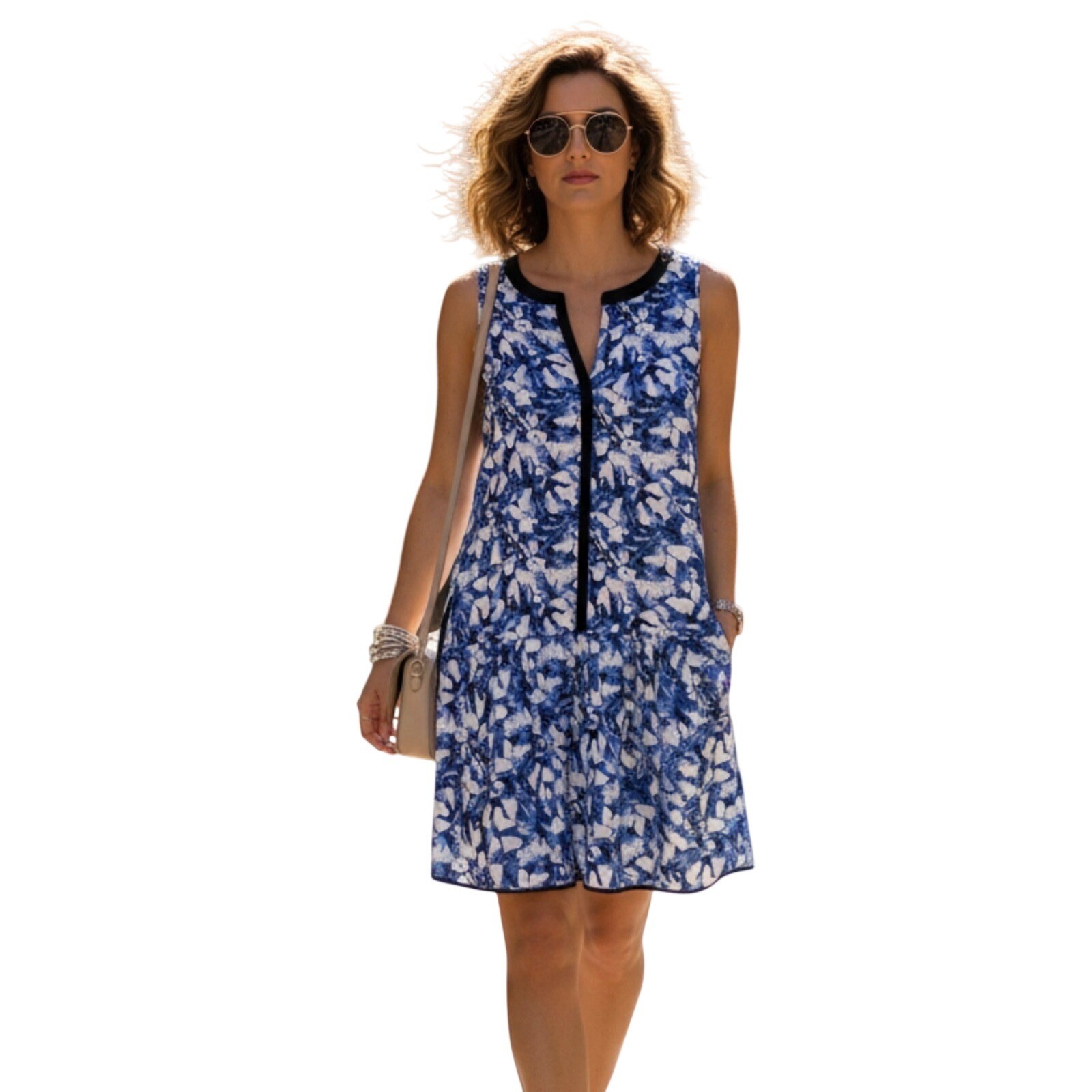 {tl} the letter Women Blue White Abstract Print Drop Waist Sleeveless Dress M