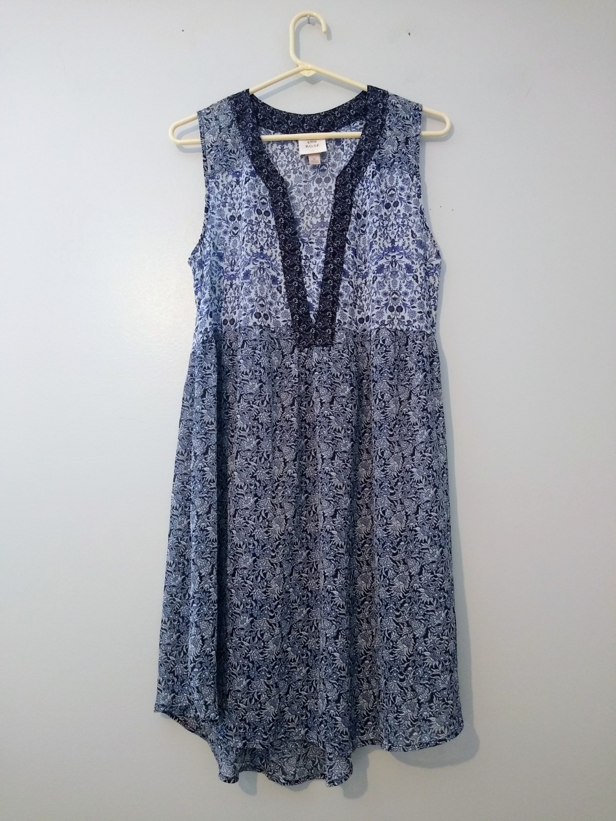 Knox Rose Shift Dress M Blue White Floral Paisley Semi Sheer V Neck Hi Lo Boho