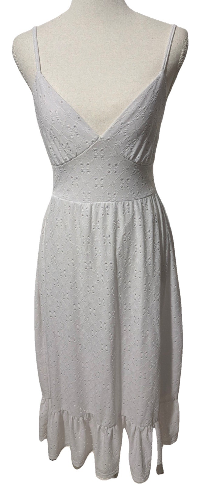 Chic White Resort Cottagecore Bohemian Eyelet Midi Dress Sz Small Flowy Cruise