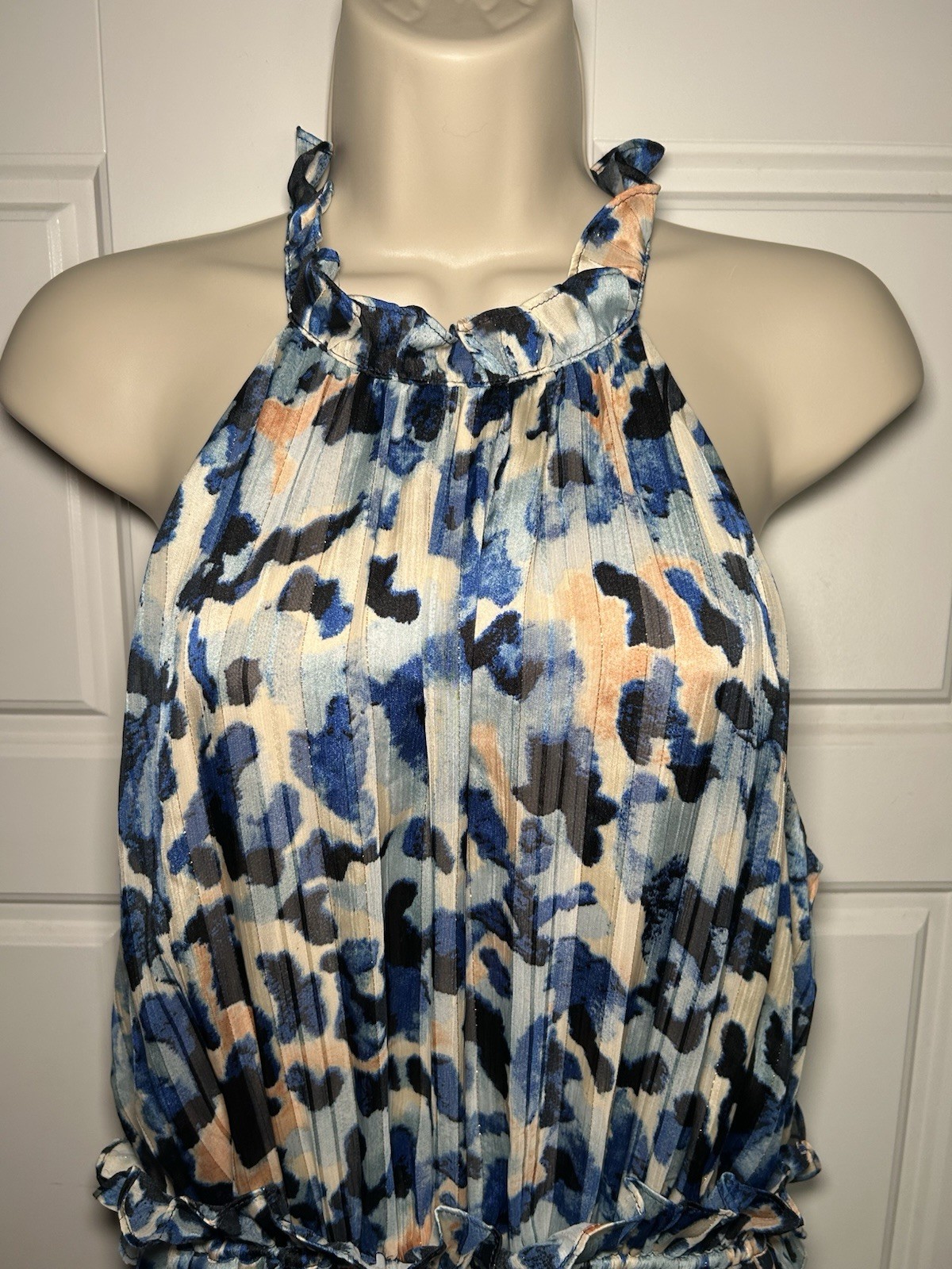 Blue Metallic Pleated Halter Maxi Dress Elliatt Iridescence Wedding Guest M NWT