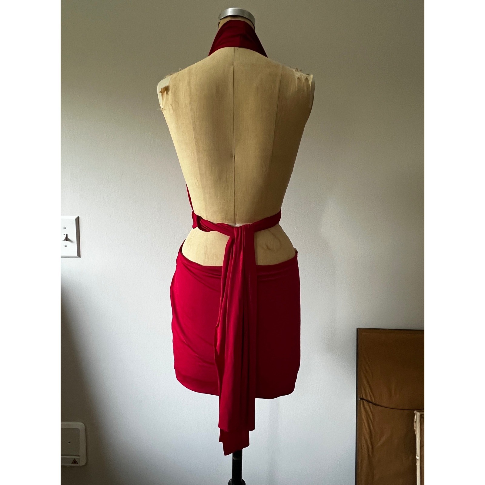Y2K Red Plunging Euro Festival Halter Mini Dress O-Ring Beaded Tassel Open Back