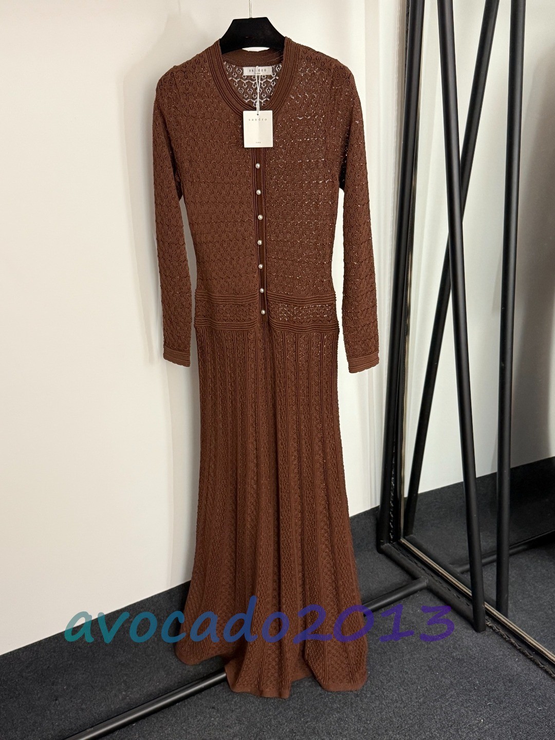 Sandro Women Pearl Button Elegant Hollow Out Long Sleeved Knitted Dress