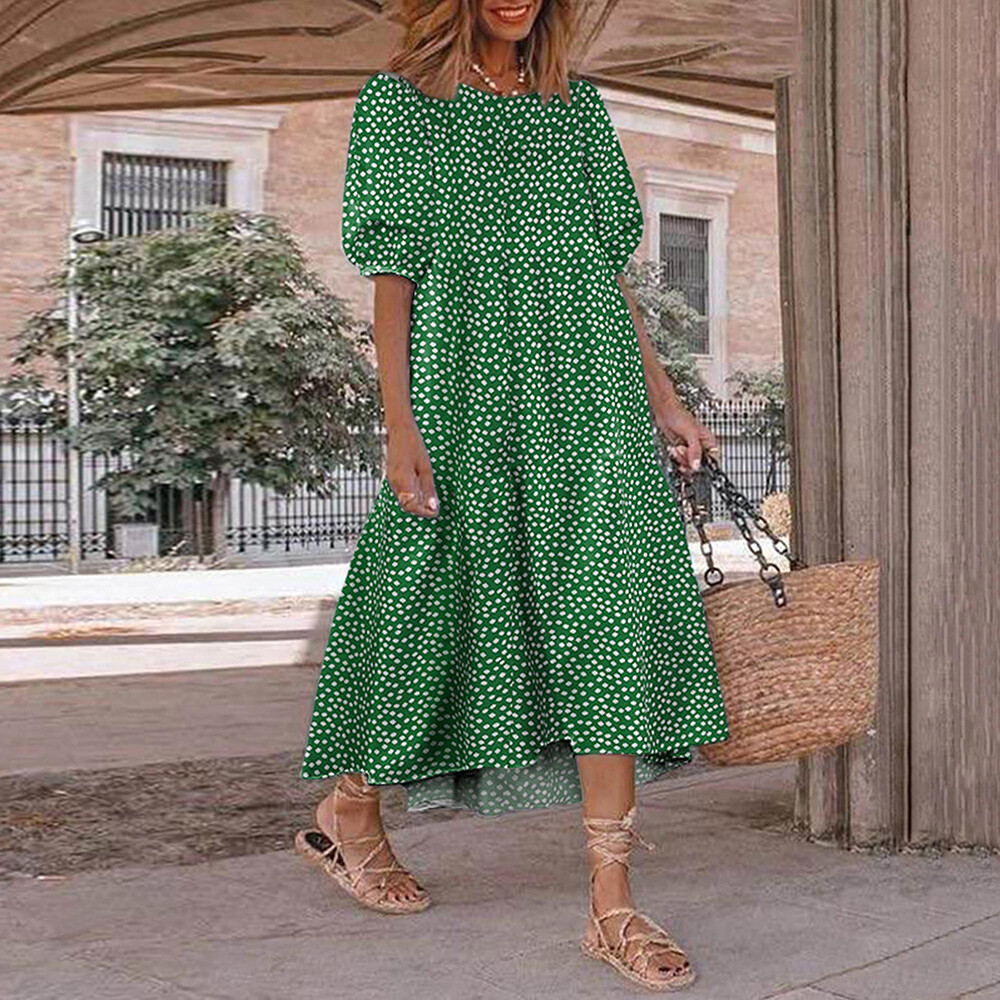 Womens Boho Plaid A-Line Midi Dress Ladies Pleated Loose Holiday Beach Sundress