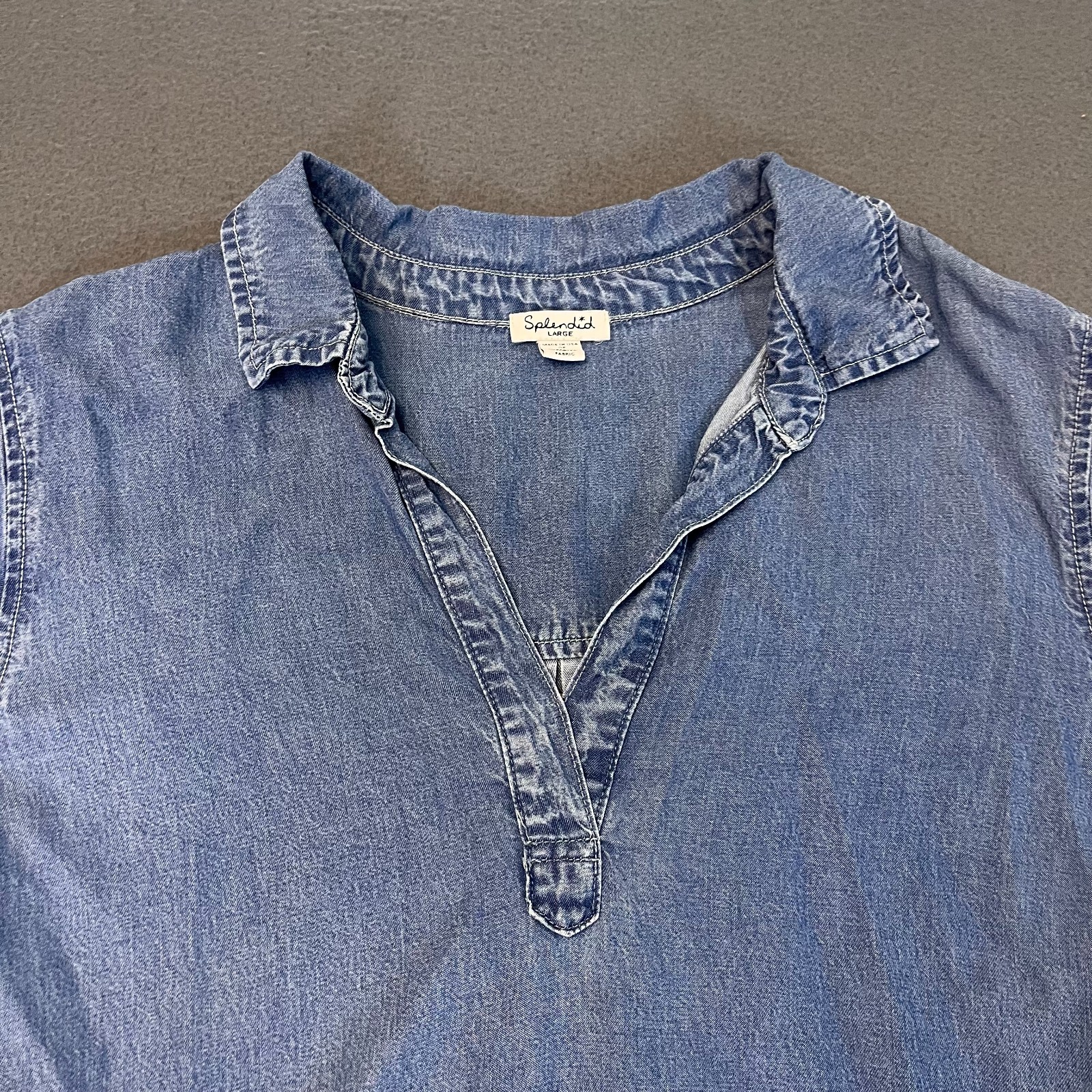 Splendid Womens Lg Denim Shirt Dress 1/2 Sleeve Pockets High Low Collar Lyocell