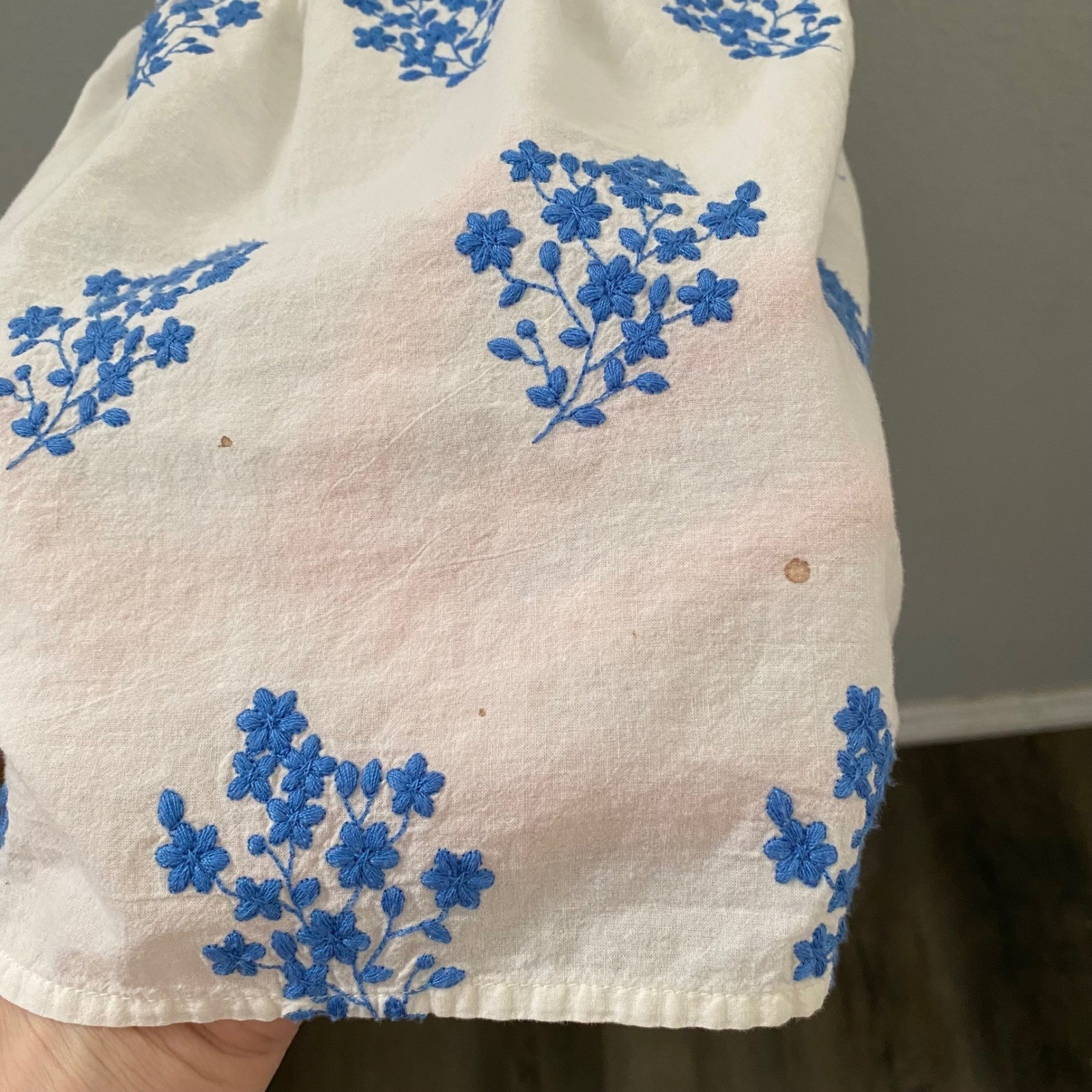 Hallhuber Organic Cotton White Blue Floral Embroidered Puff Sleeve Mini Dress