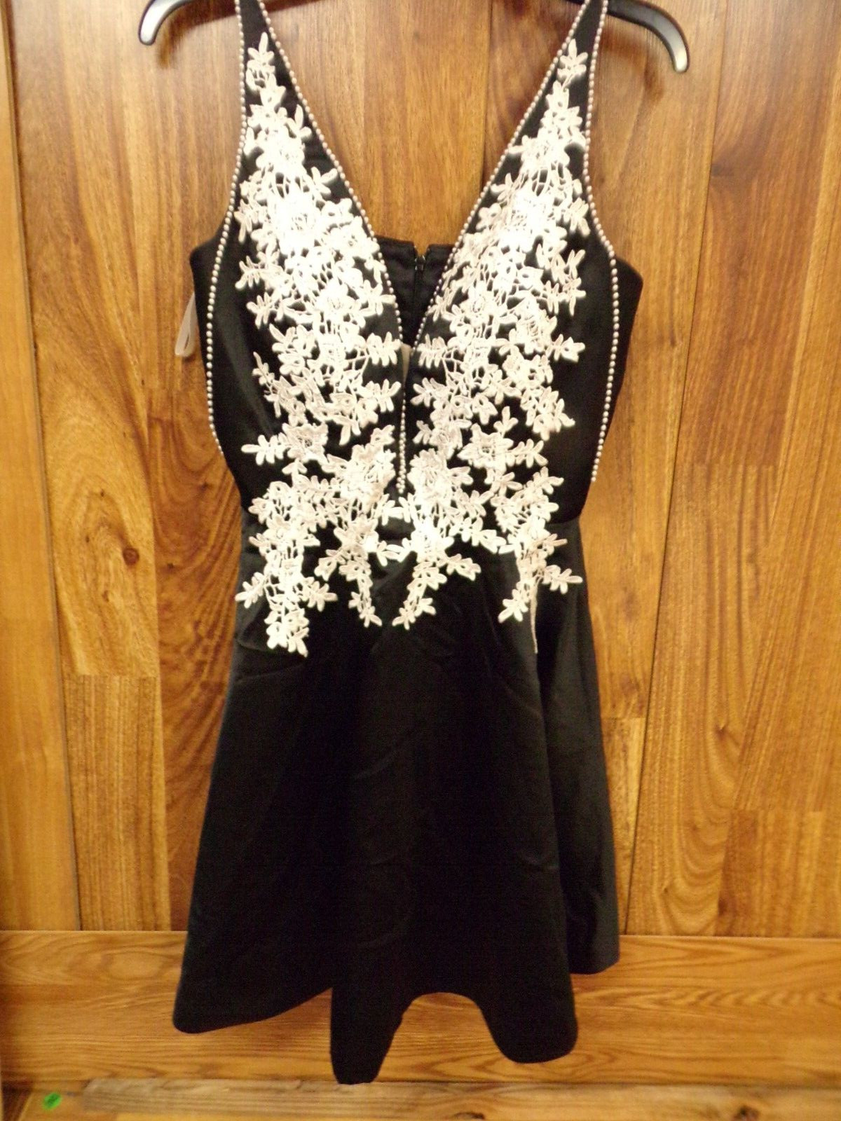 Black Dress Spaghetti Strap White Lace Beads V Neck size XS S
